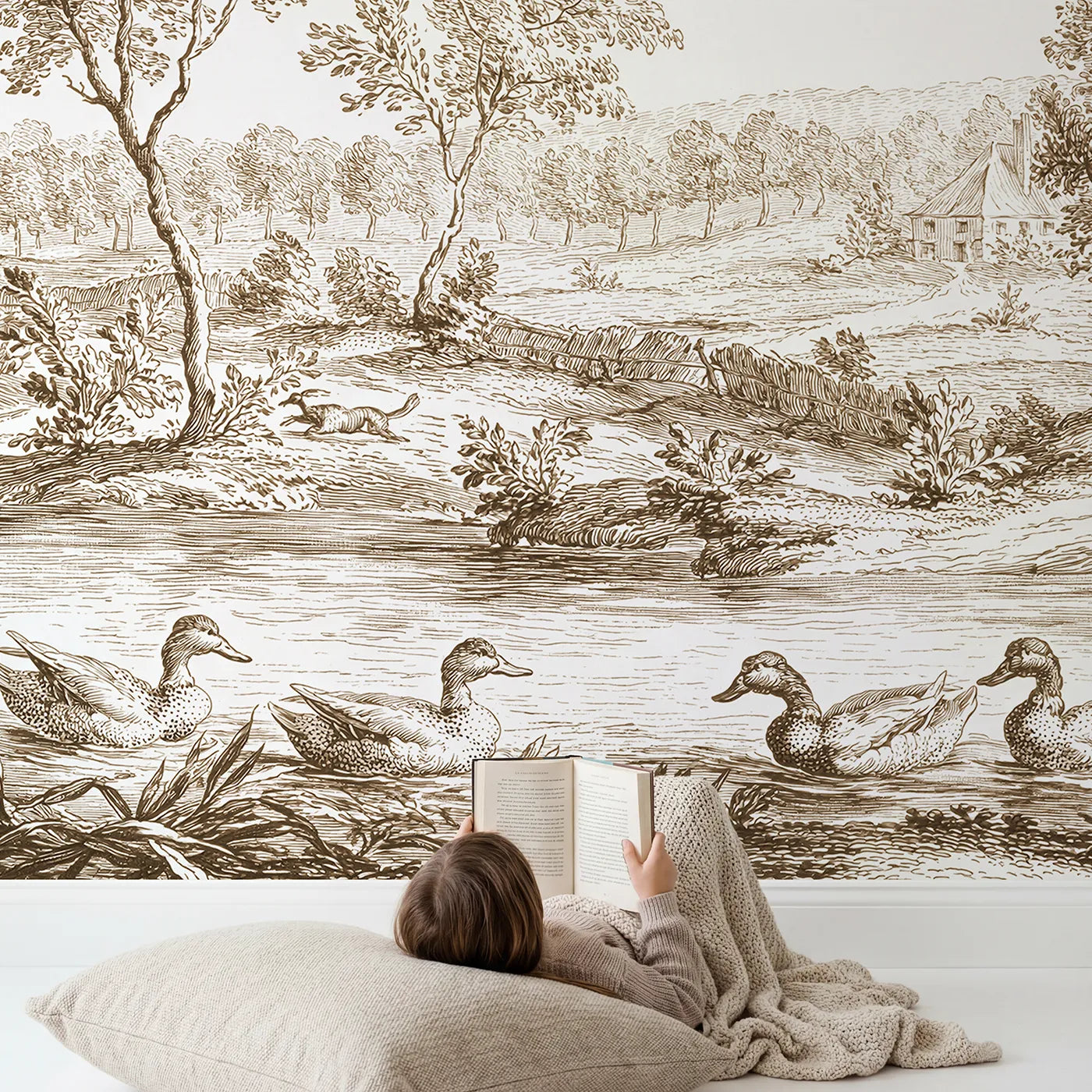 Child in nursery with Mallard Reed Pond Wallpaper Mural in Brown by Whimsy Tots