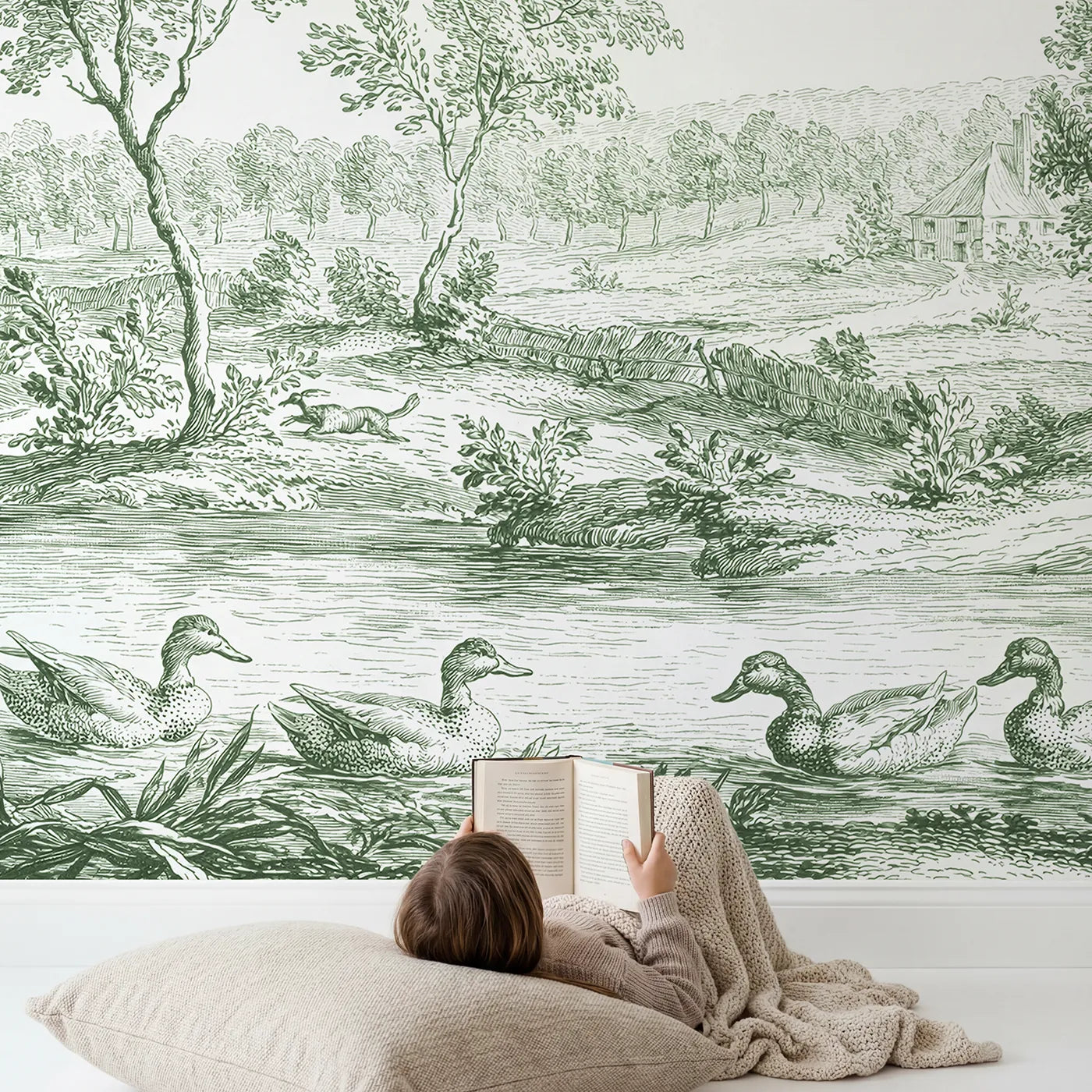 Child in nursery with Mallard Reed Pond Wallpaper Mural in Green by Whimsy Tots