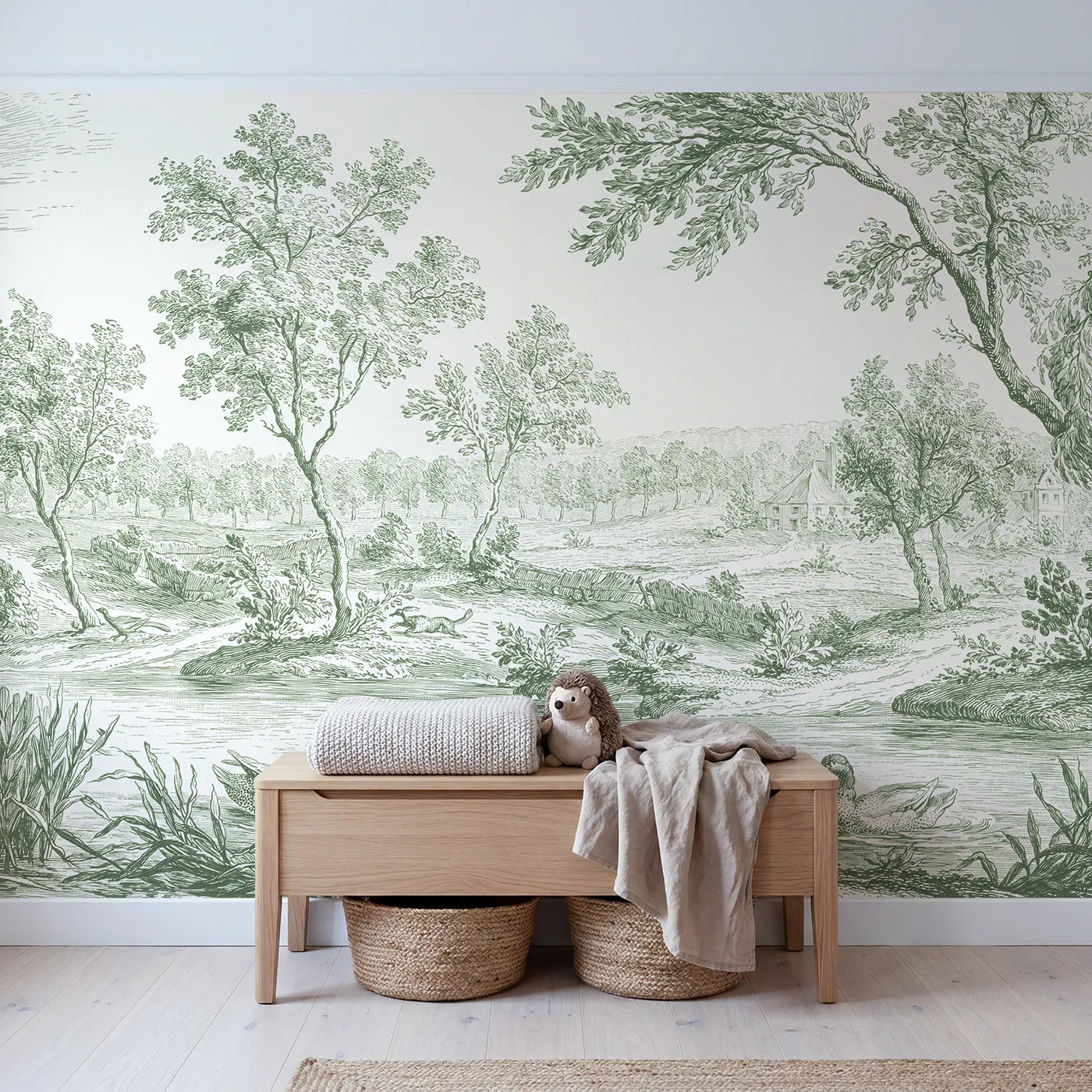 Mallard Reed Pond Wallpaper Mural in Green in playroom setting by Whimsy Tots