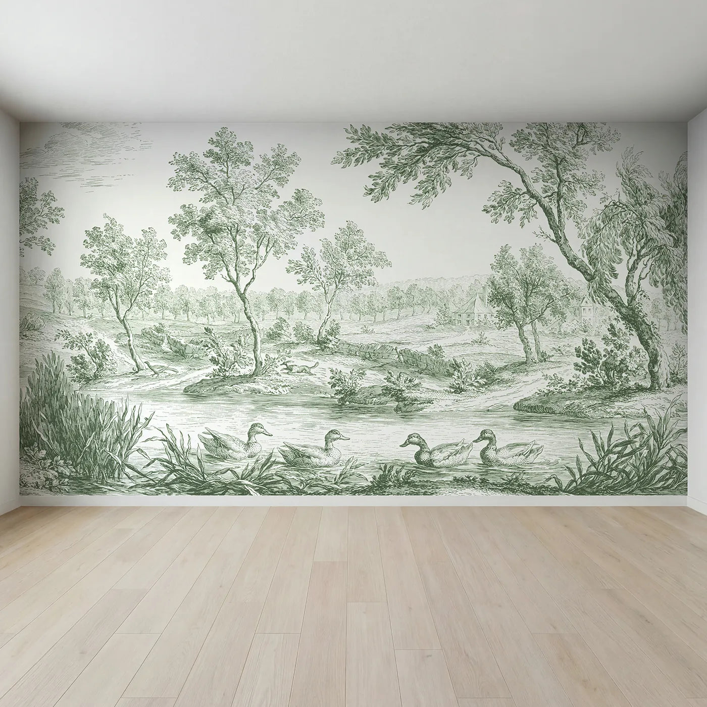 Full view of Mallard Reed Pond Wallpaper Mural in Green by Whimsy Tots