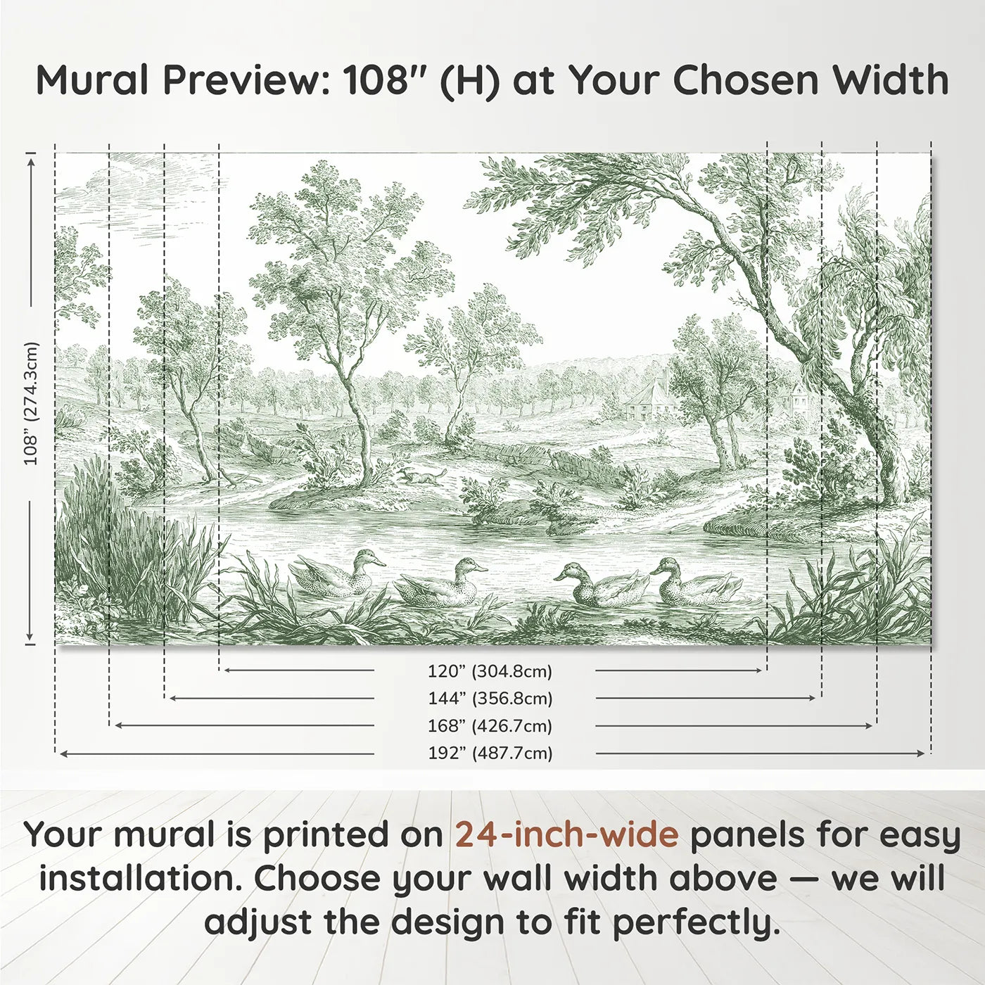 Panel layout and dimensions for Mallard Reed Pond Wallpaper Mural in Green by Whimsy Tots