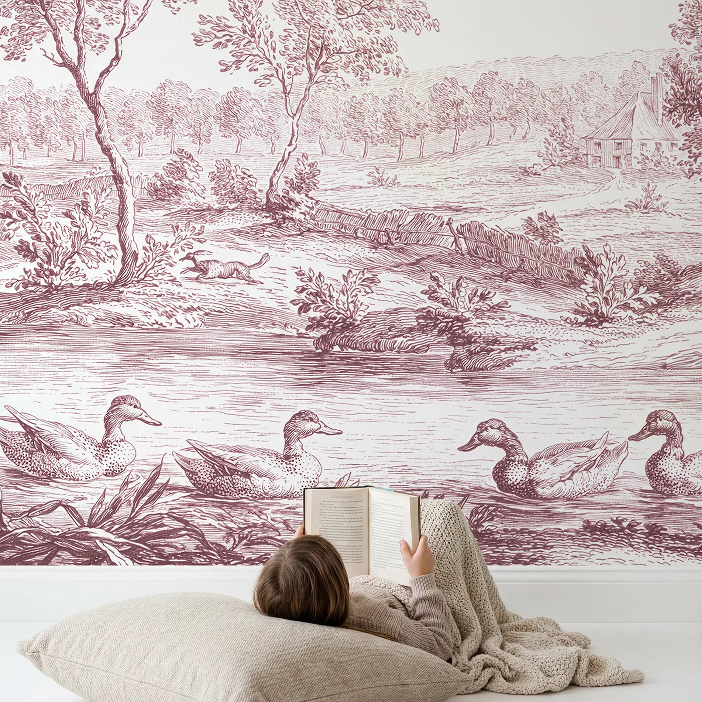 Child in nursery with Mallard Reed Pond Wallpaper Mural in Pink by Whimsy Tots