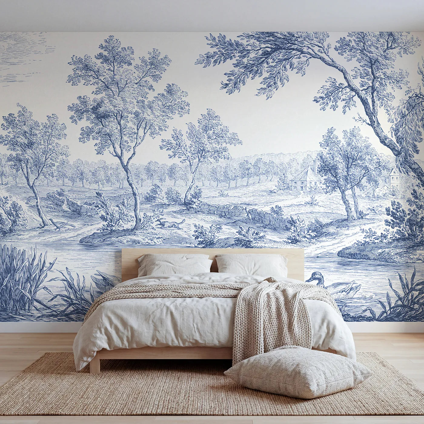 Toile wall mural of mallards among reeds in single ink by Whimsy Tots