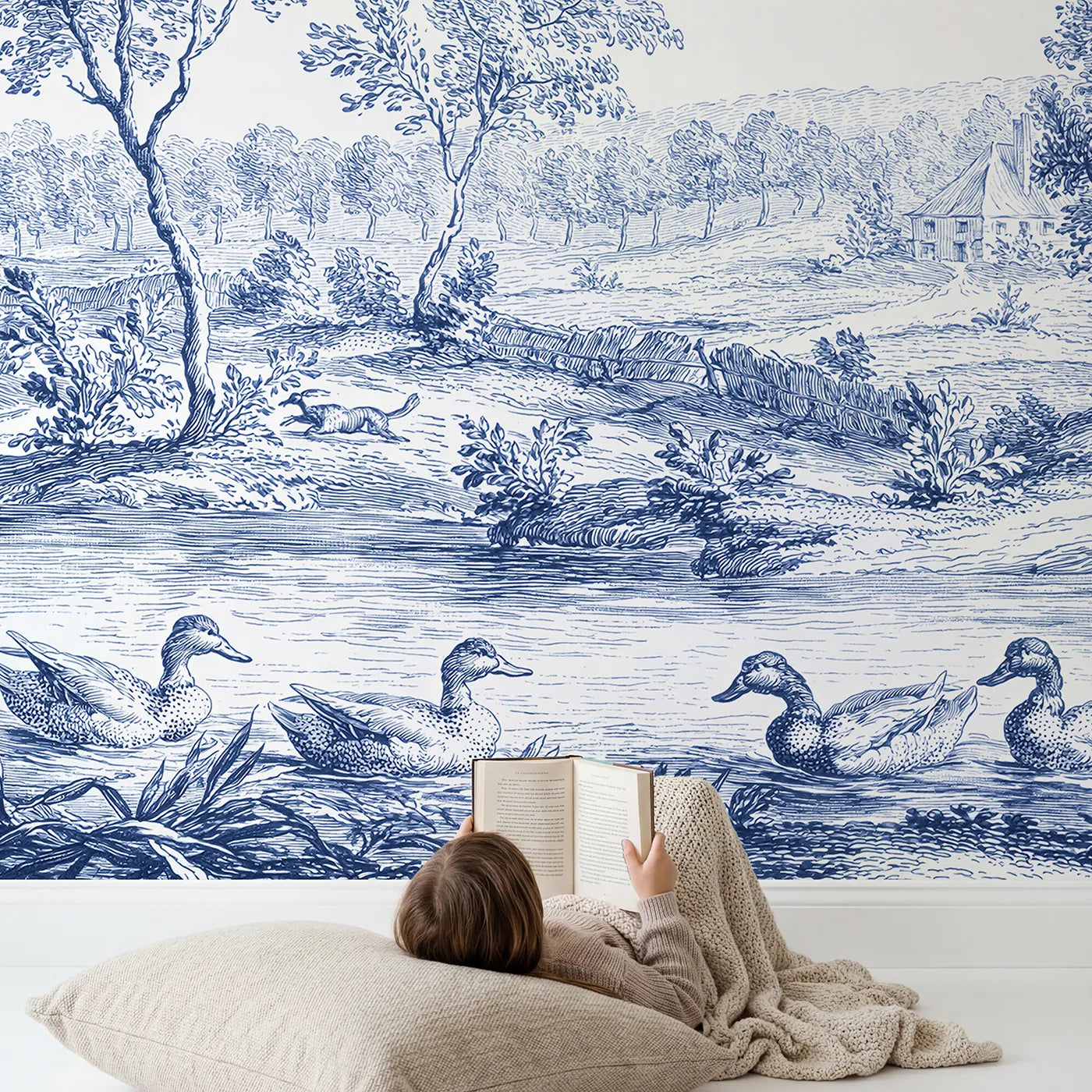 Child in nursery with Mallard Reed Pond Wallpaper Mural by Whimsy Tots