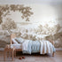 Toile wall mural of a songbird in a garden bower in brown ink by Whimsy Tots