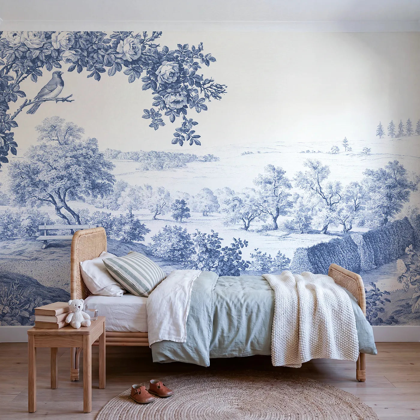 Toile wall mural of a songbird in a garden bower in single ink by Whimsy Tots