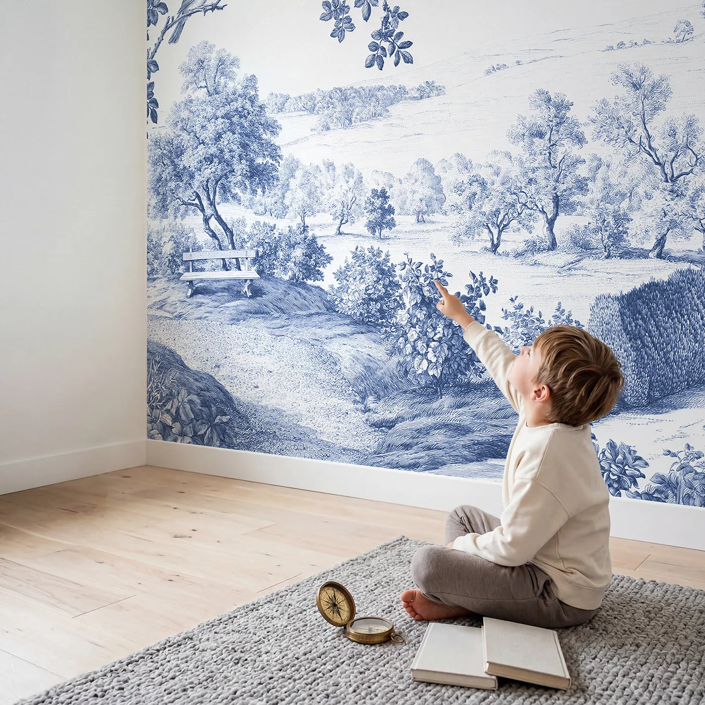 Child in nursery with Songbird Garden Perch Wallpaper Mural by Whimsy Tots