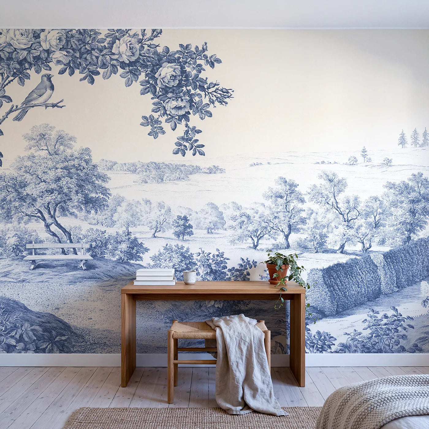 Songbird Garden Perch Wallpaper Mural in playroom setting by Whimsy Tots