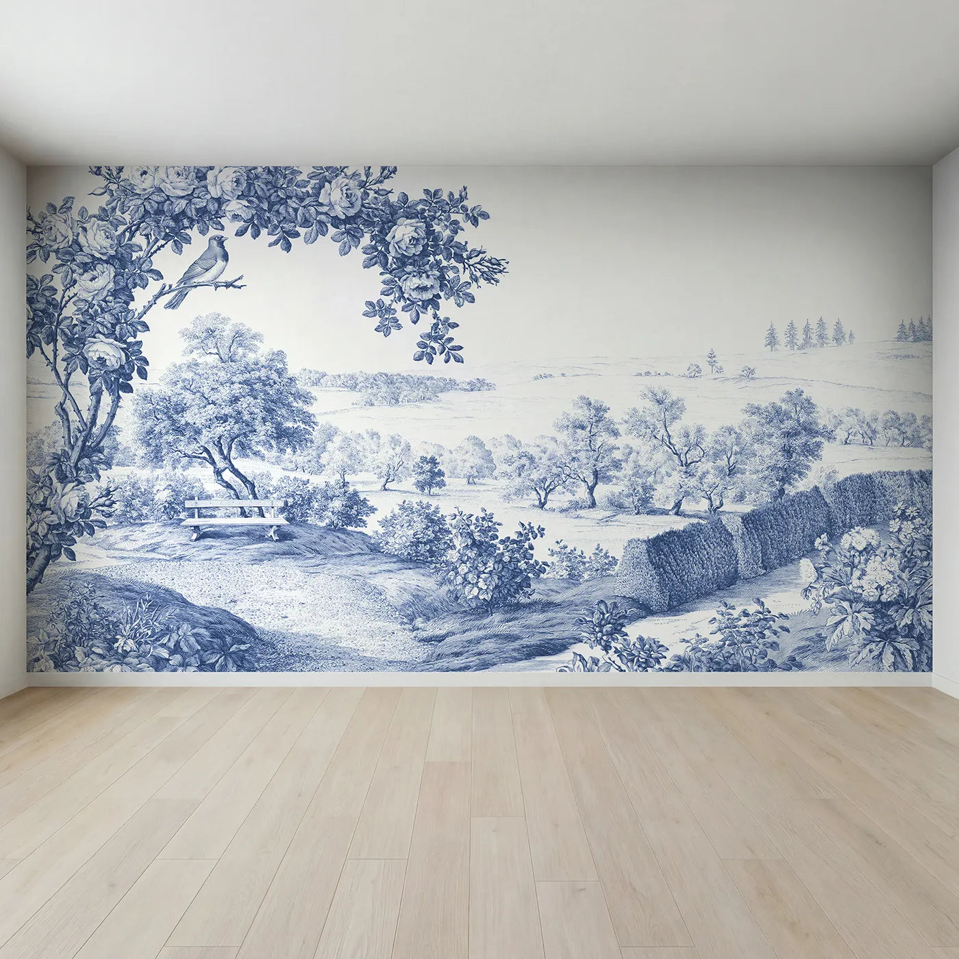 Full view of Songbird Garden Perch Wallpaper Mural by Whimsy Tots