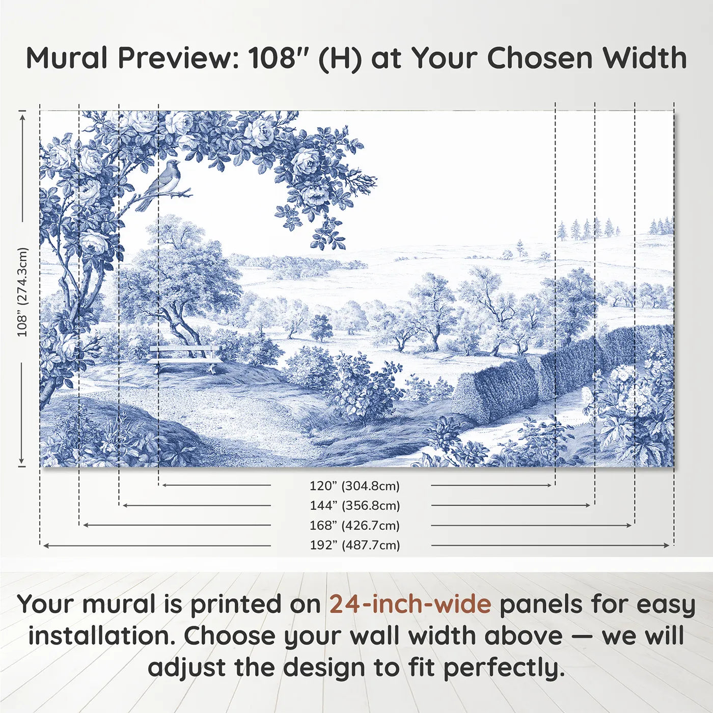 Panel layout and dimensions for Songbird Garden Perch Wallpaper Mural by Whimsy Tots