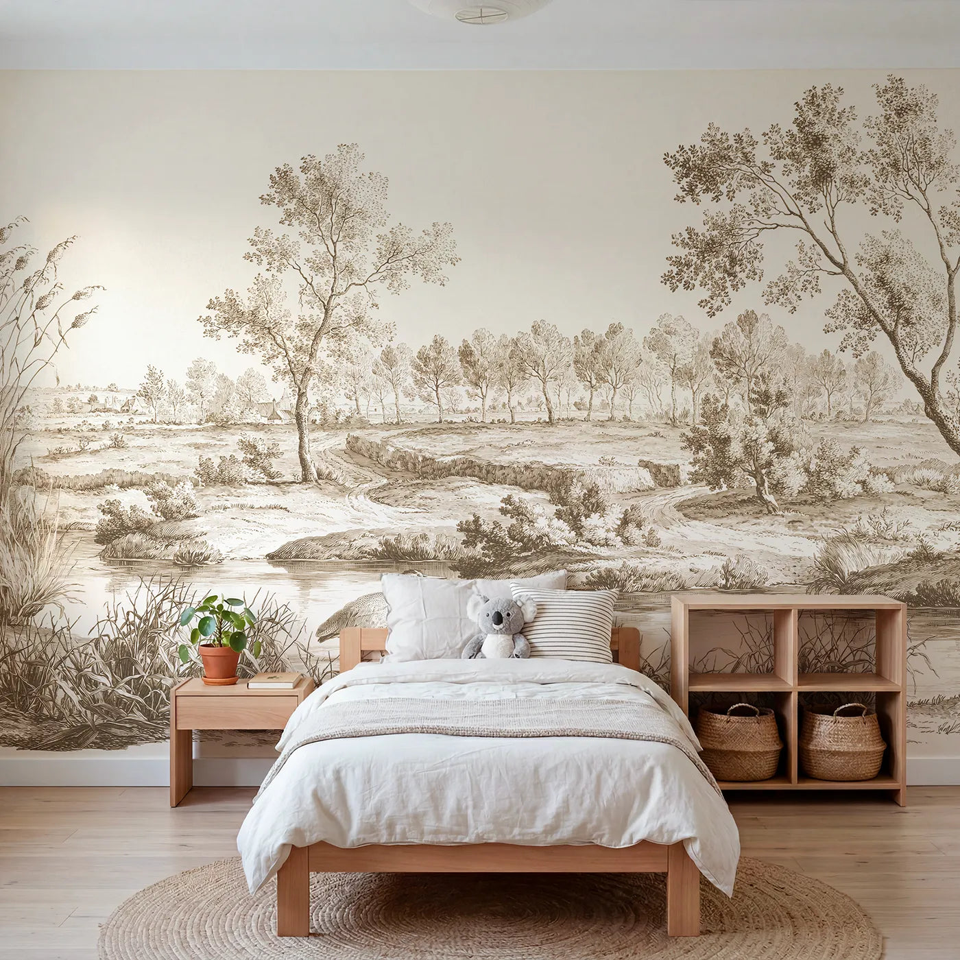 Toile wall mural of a heron wading a marsh in brown ink by Whimsy Tots