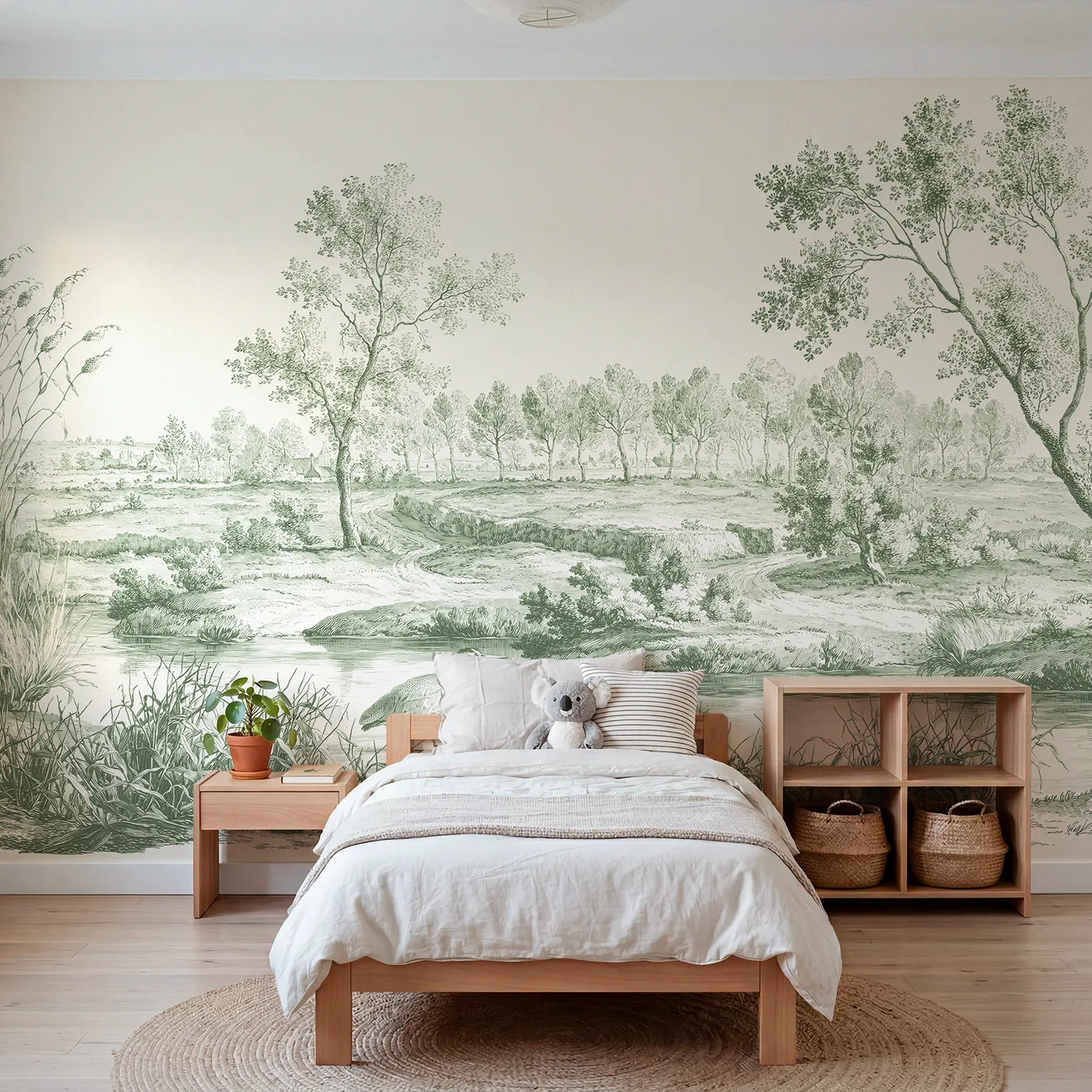 Toile wall mural of a heron wading a marsh in green ink by Whimsy Tots