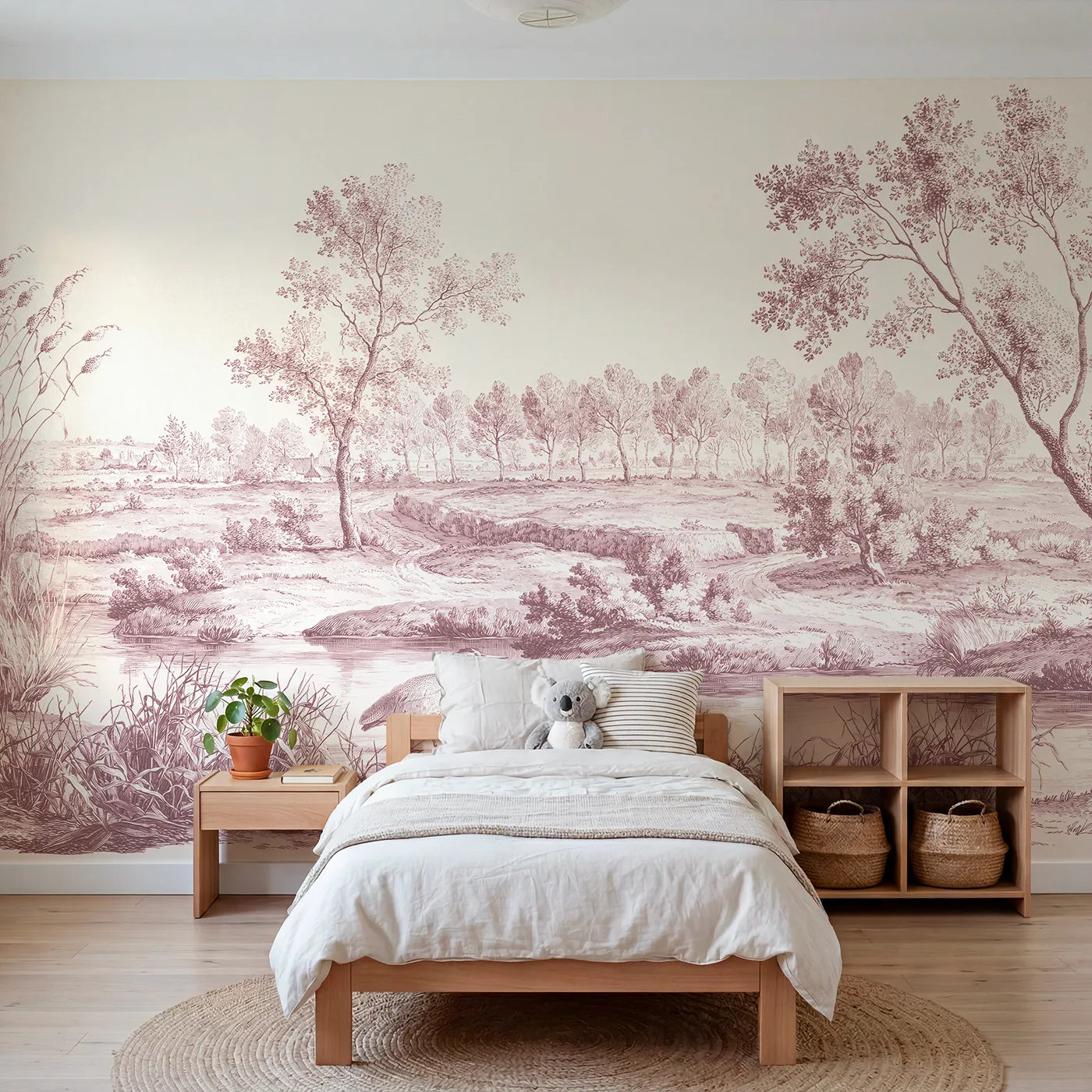 Toile wall mural of a heron wading a marsh in pink ink by Whimsy Tots