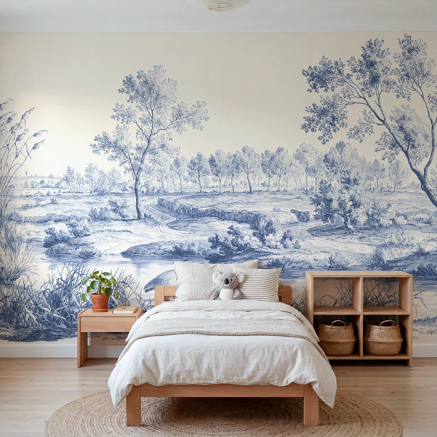 Toile wall mural of a heron wading a marsh in single ink by Whimsy Tots