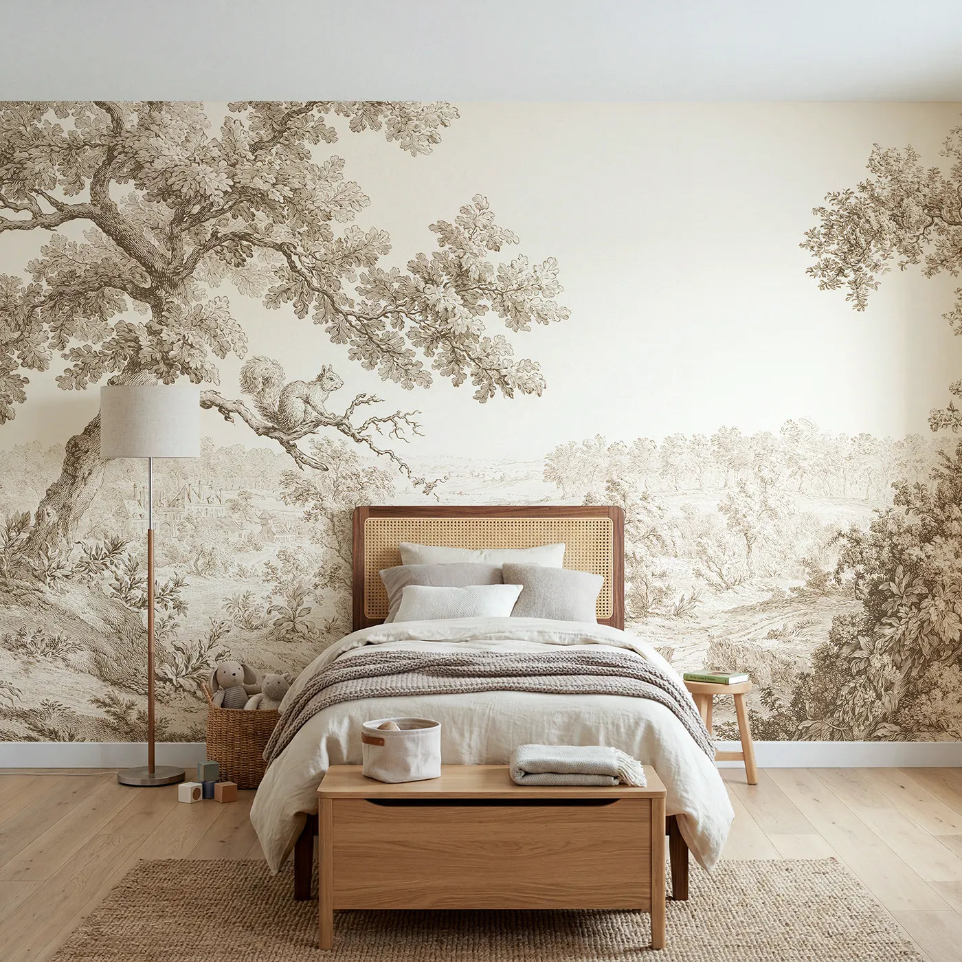 Toile wall mural of a squirrel on an oak bough in brown ink by Whimsy Tots