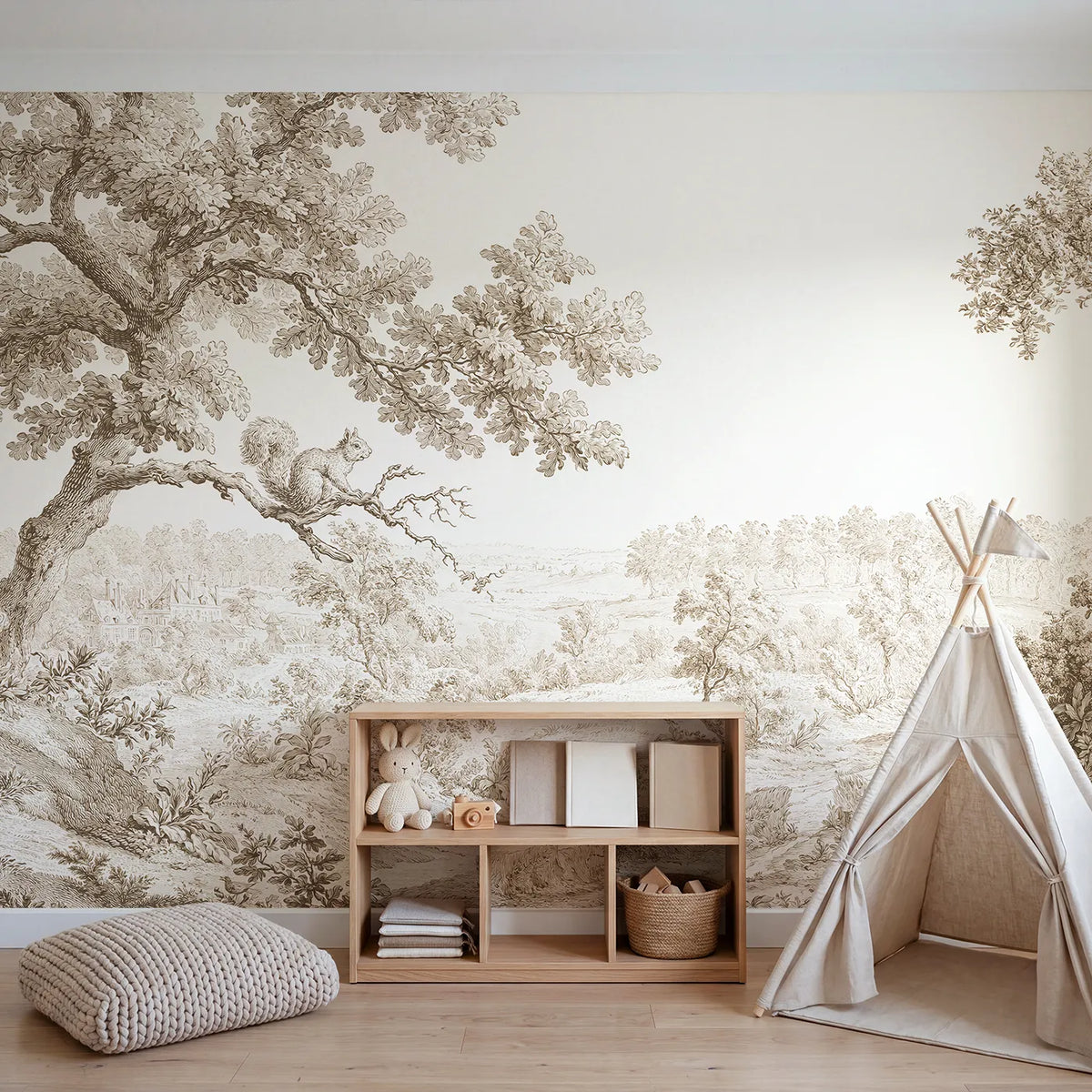 Squirrel Oak Bough Wallpaper Mural in Brown in playroom setting by Whimsy Tots
