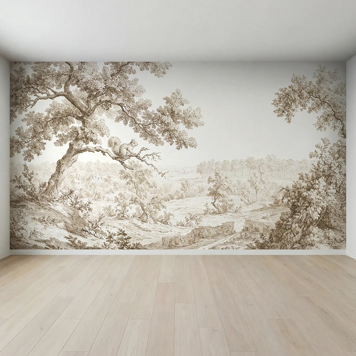 Full view of Squirrel Oak Bough Wallpaper Mural in Brown by Whimsy Tots