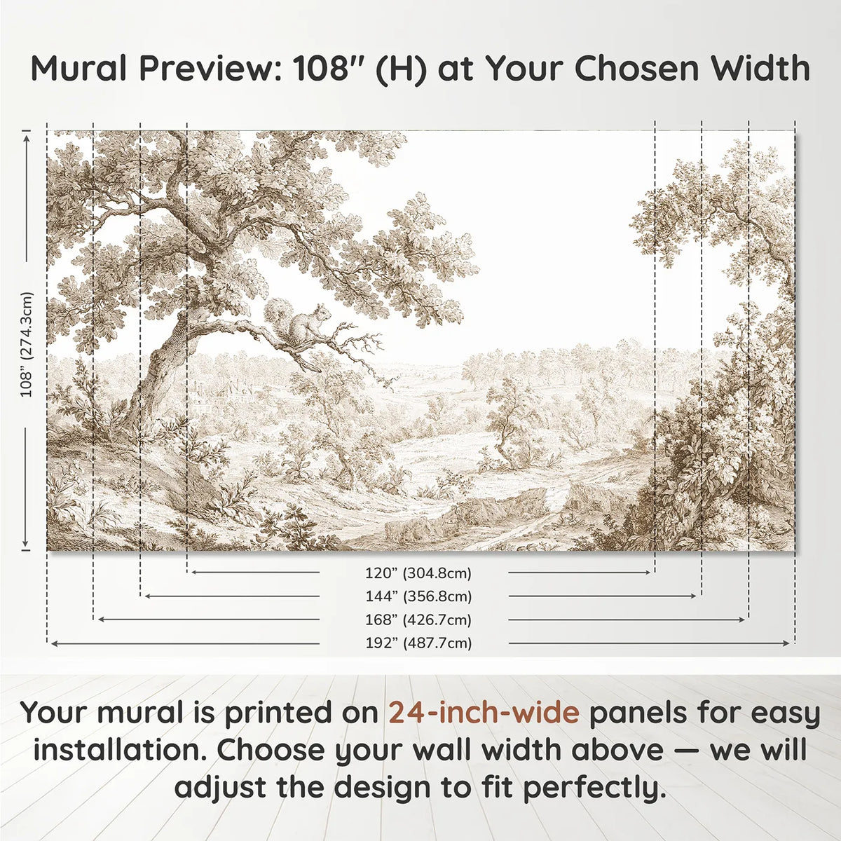 Panel layout and dimensions for Squirrel Oak Bough Wallpaper Mural in Brown by Whimsy Tots