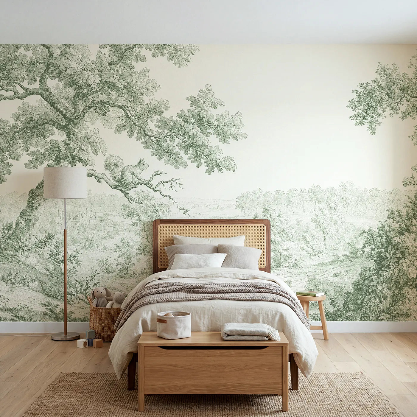 Toile wall mural of a squirrel on an oak bough in green ink by Whimsy Tots