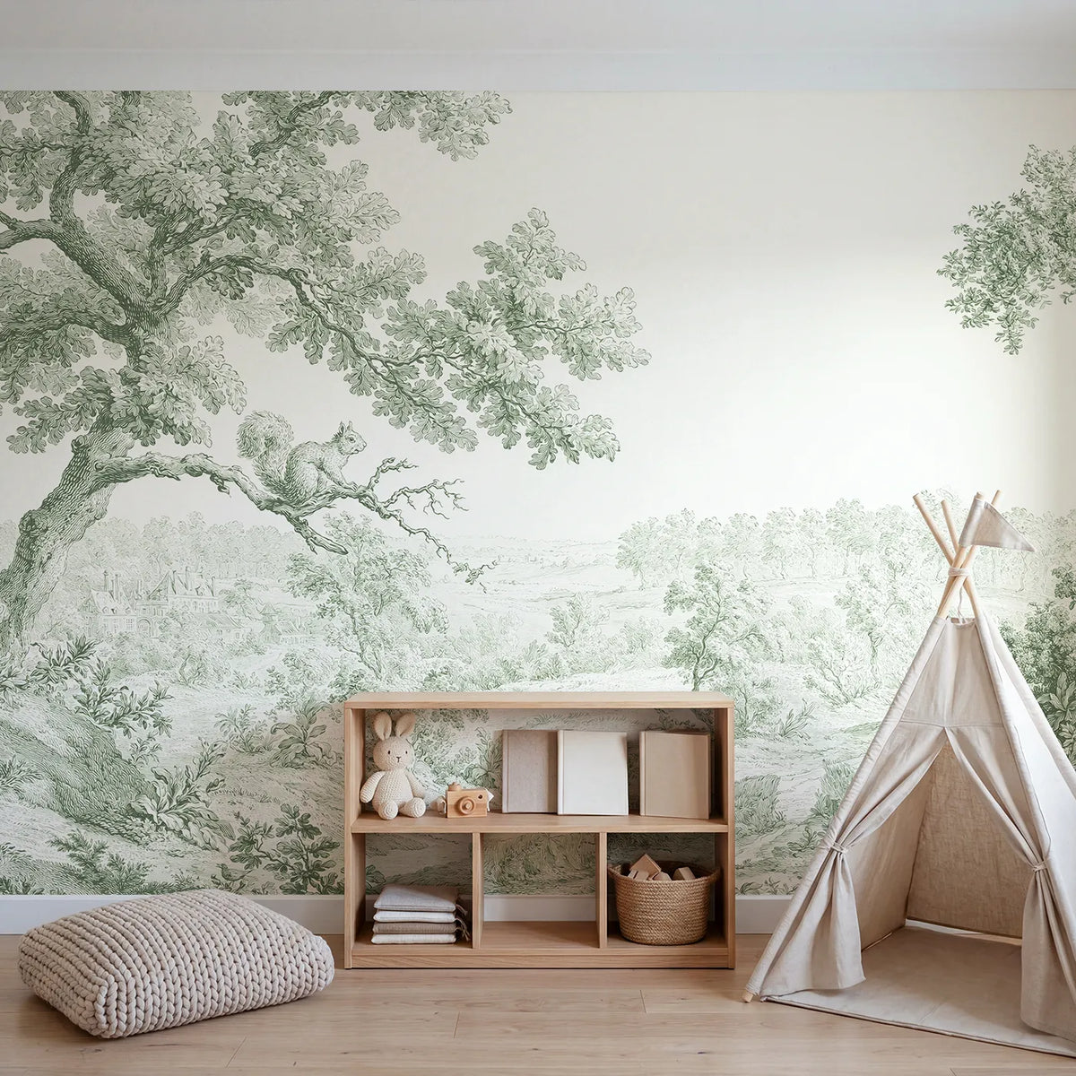 Squirrel Oak Bough Wallpaper Mural in Green in playroom setting by Whimsy Tots