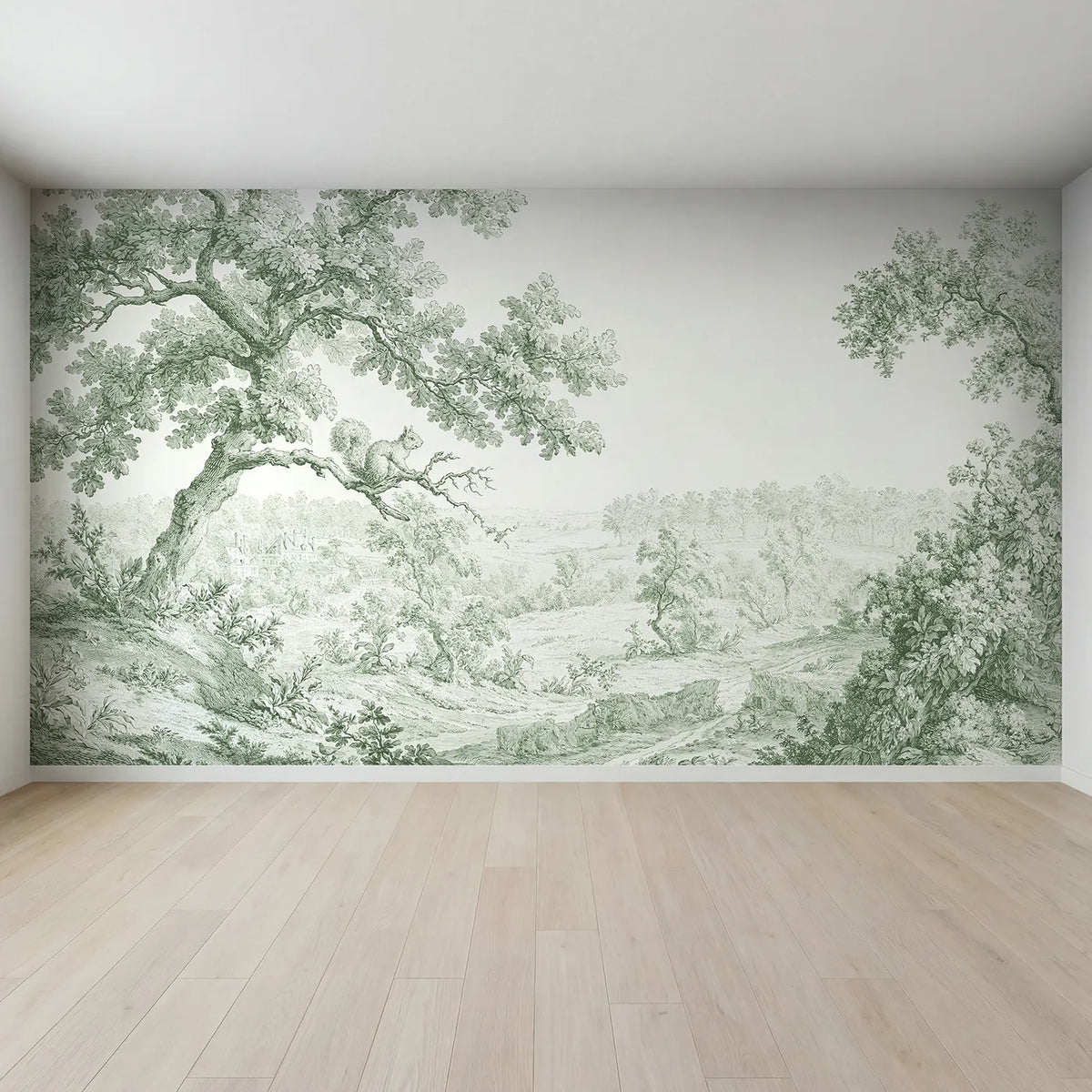 Full view of Squirrel Oak Bough Wallpaper Mural in Green by Whimsy Tots