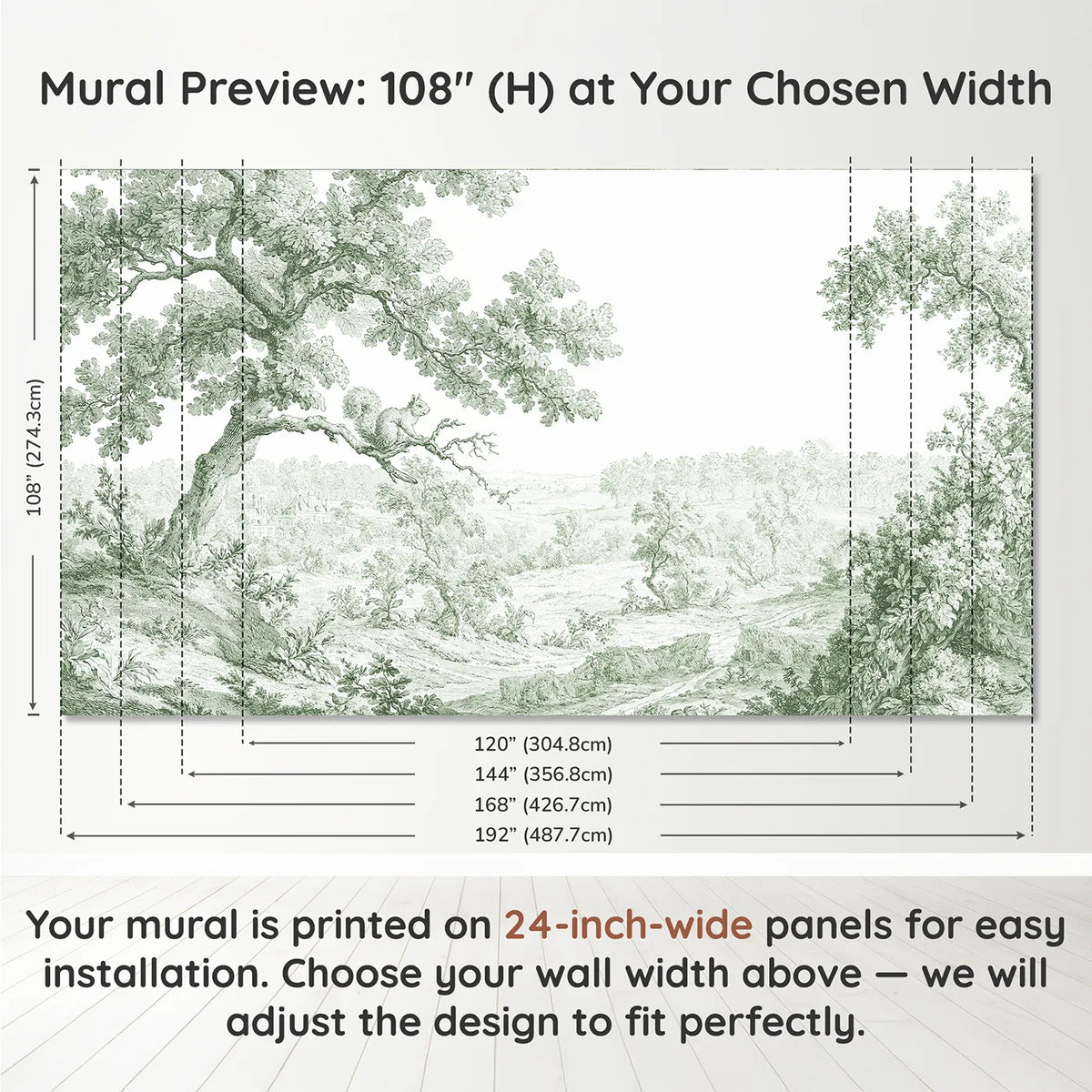 Panel layout and dimensions for Squirrel Oak Bough Wallpaper Mural in Green by Whimsy Tots