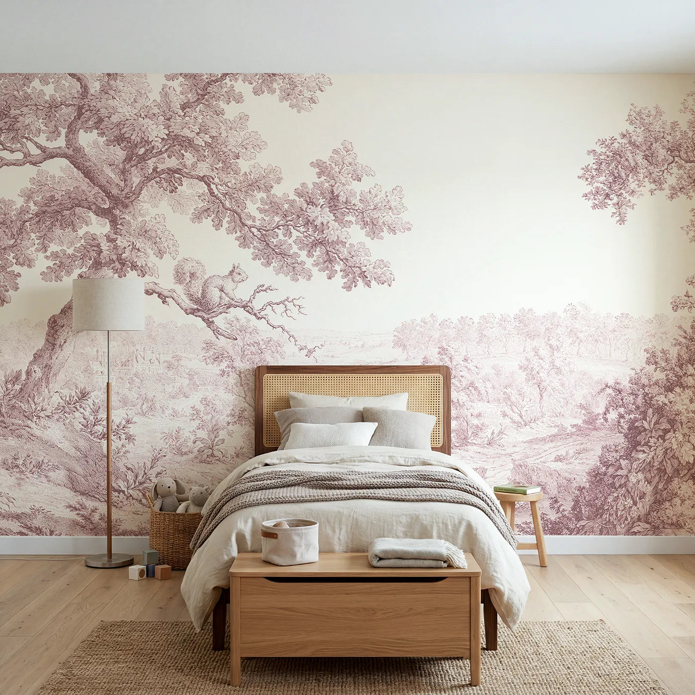 Toile wall mural of a squirrel on an oak bough in pink ink by Whimsy Tots