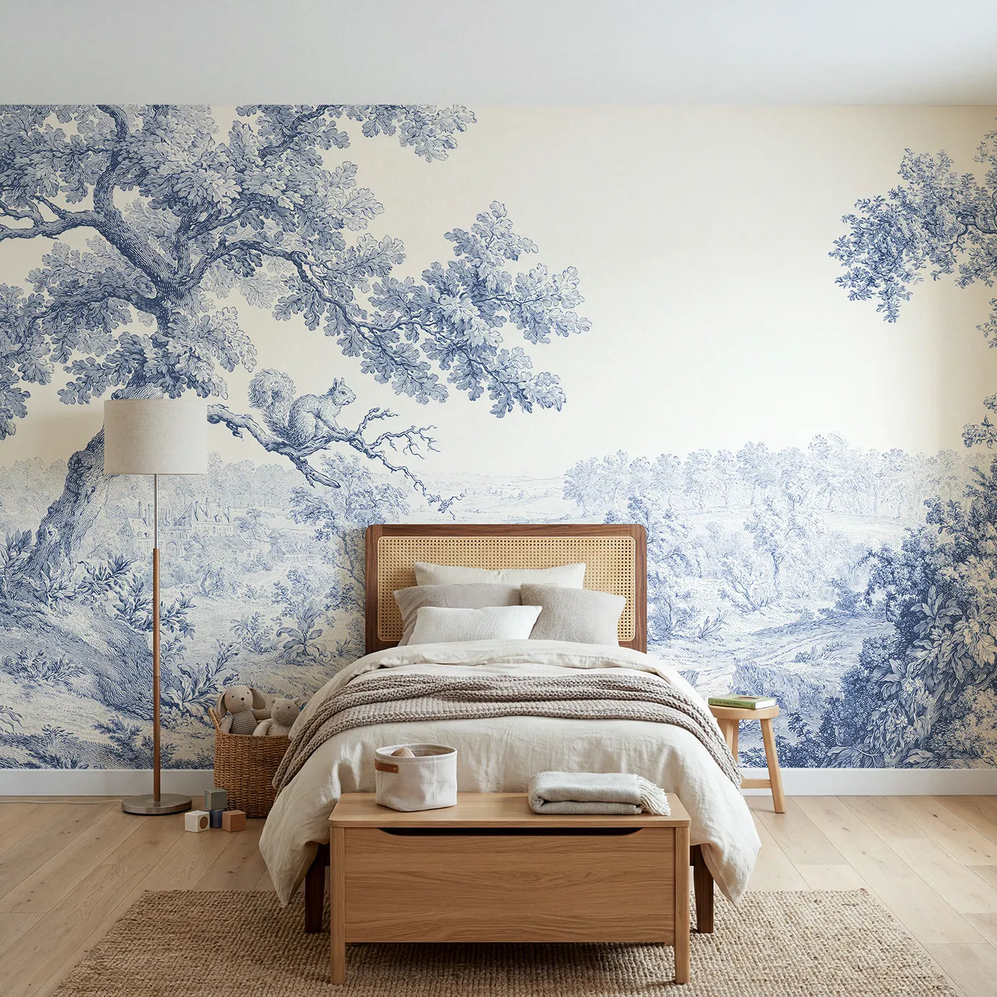Toile wall mural of a squirrel on an oak bough in single ink by Whimsy Tots