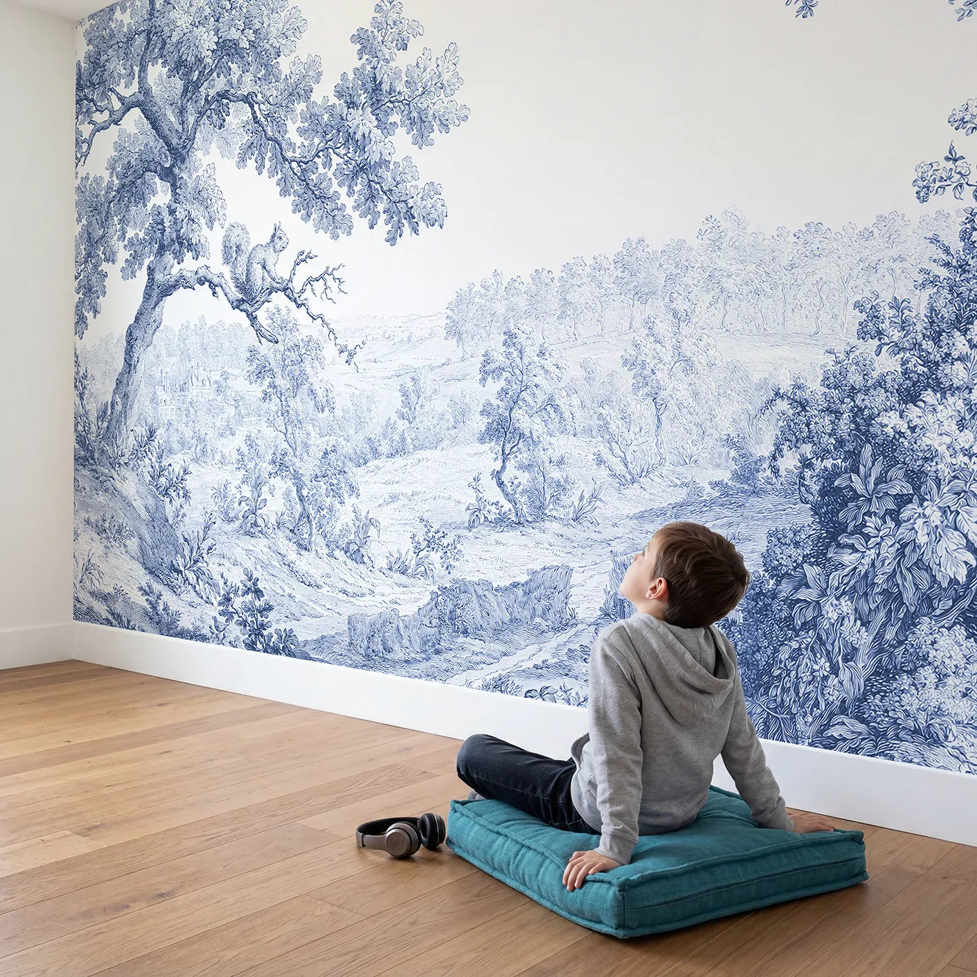 Child in nursery with Squirrel Oak Bough Wallpaper Mural by Whimsy Tots