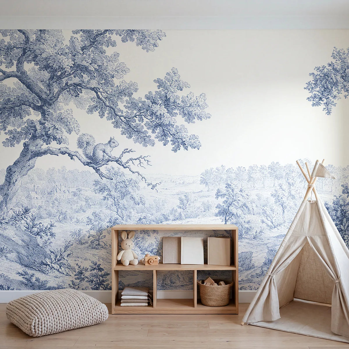 Squirrel Oak Bough Wallpaper Mural in playroom setting by Whimsy Tots