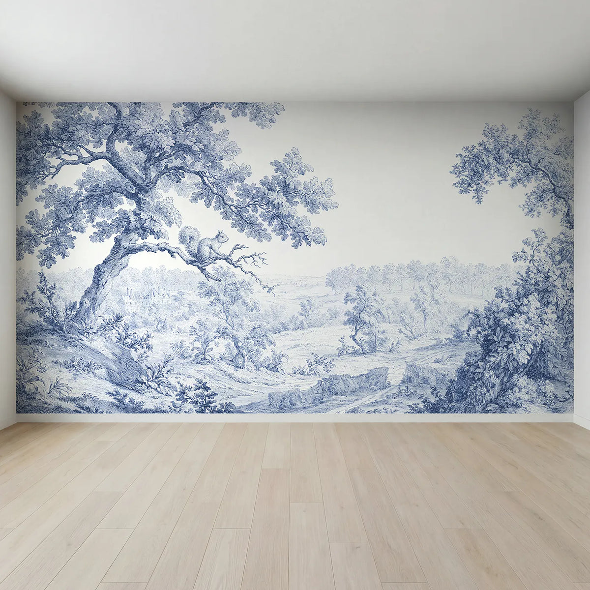 Full view of Squirrel Oak Bough Wallpaper Mural by Whimsy Tots