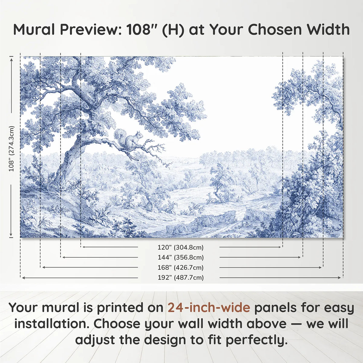 Panel layout and dimensions for Squirrel Oak Bough Wallpaper Mural by Whimsy Tots