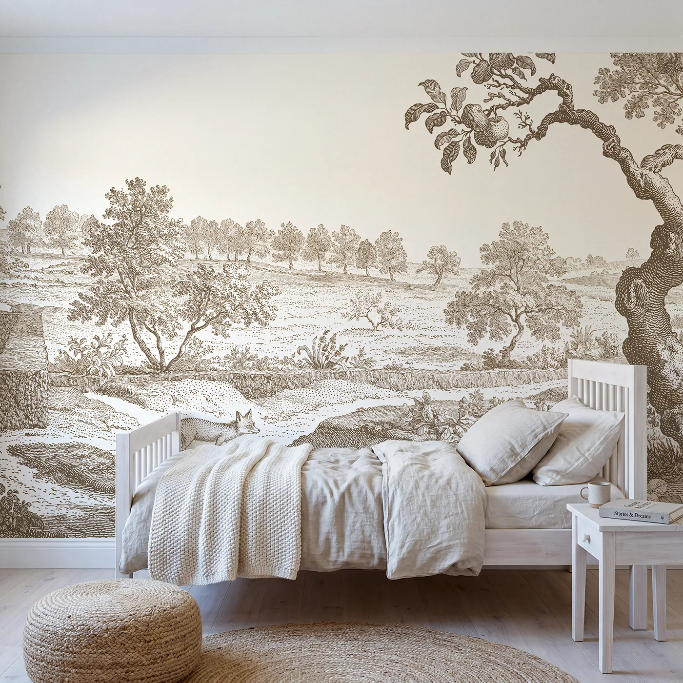 Toile wall mural of a fox strolling a hedge in brown ink by Whimsy Tots