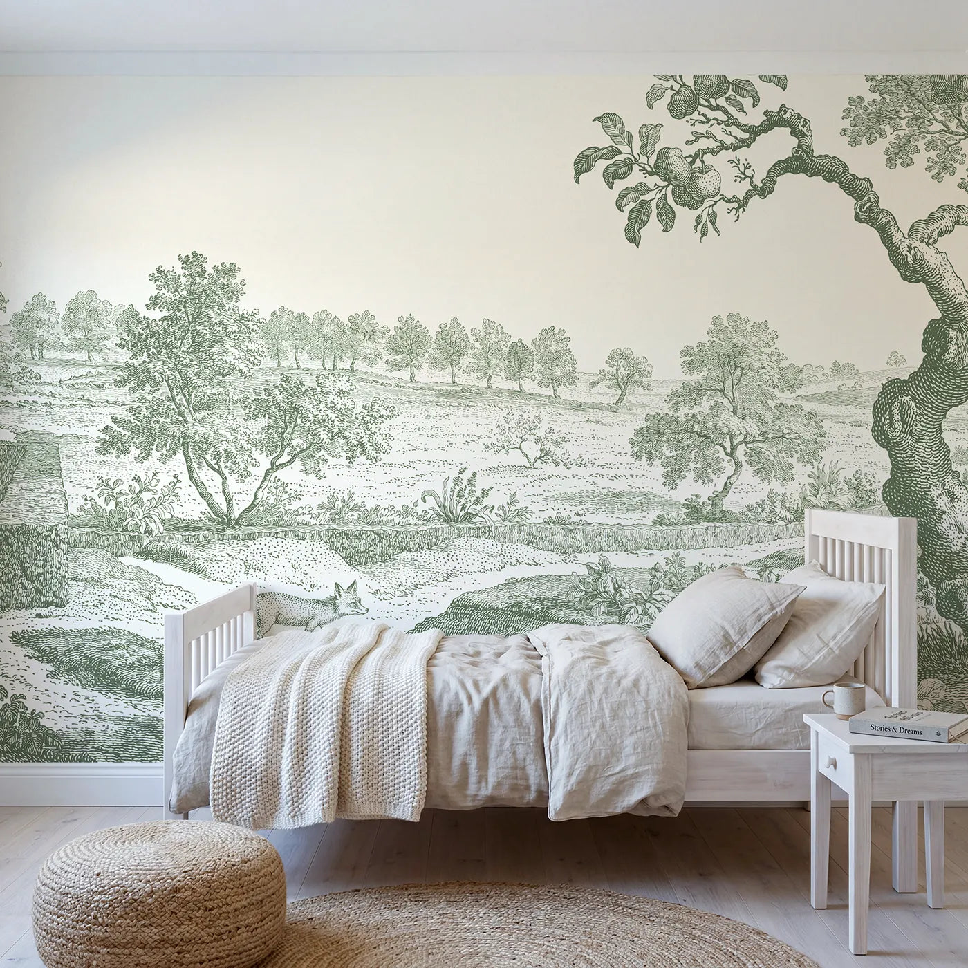 Toile wall mural of a fox strolling a hedge in green ink by Whimsy Tots
