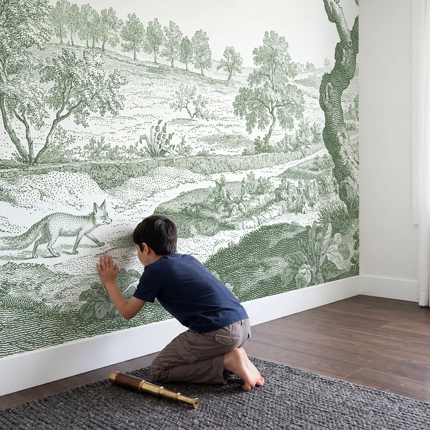 Child in nursery with Strolling Garden Fox Wallpaper Mural in Green by Whimsy Tots