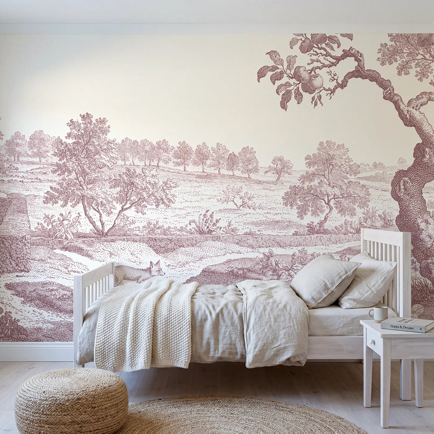 Toile wall mural of a fox strolling a hedge in pink ink by Whimsy Tots