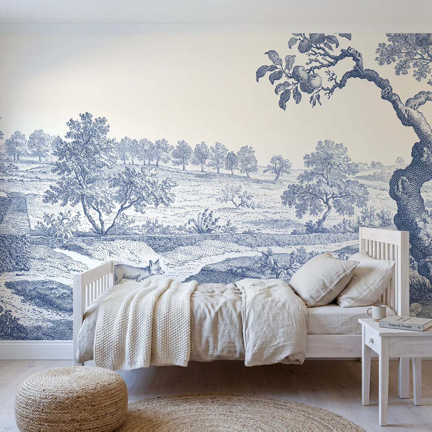 Toile wall mural of a fox strolling a hedge in single ink by Whimsy Tots