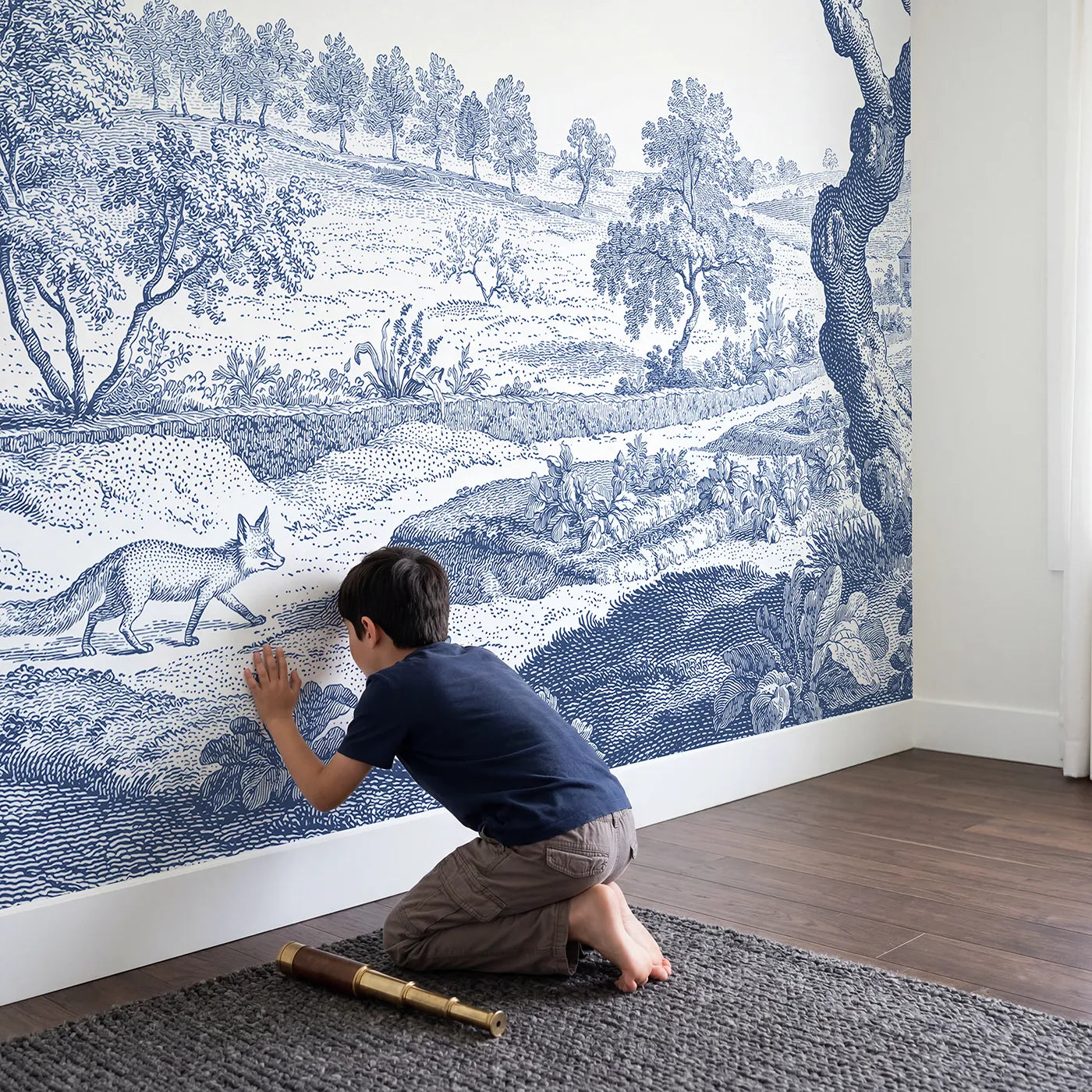Child in nursery with Strolling Garden Fox Wallpaper Mural by Whimsy Tots