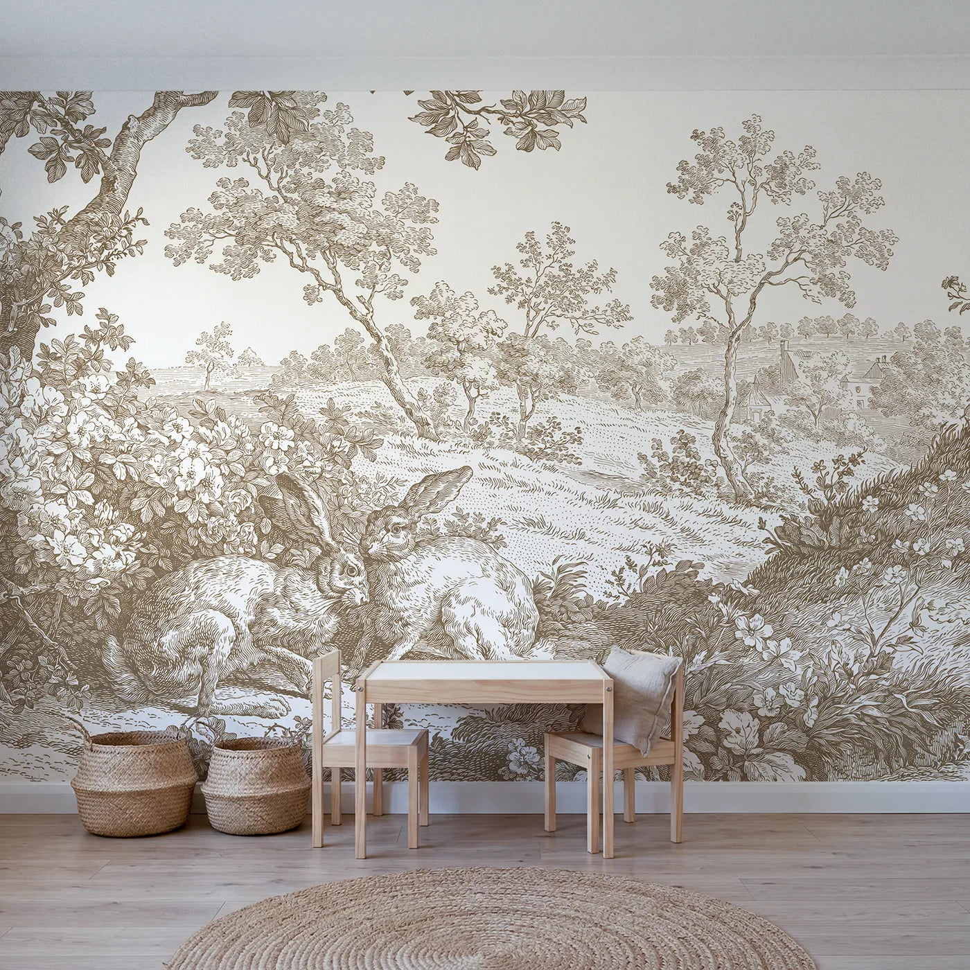 Toile wall mural of hares by a hedgerow in brown ink by Whimsy Tots