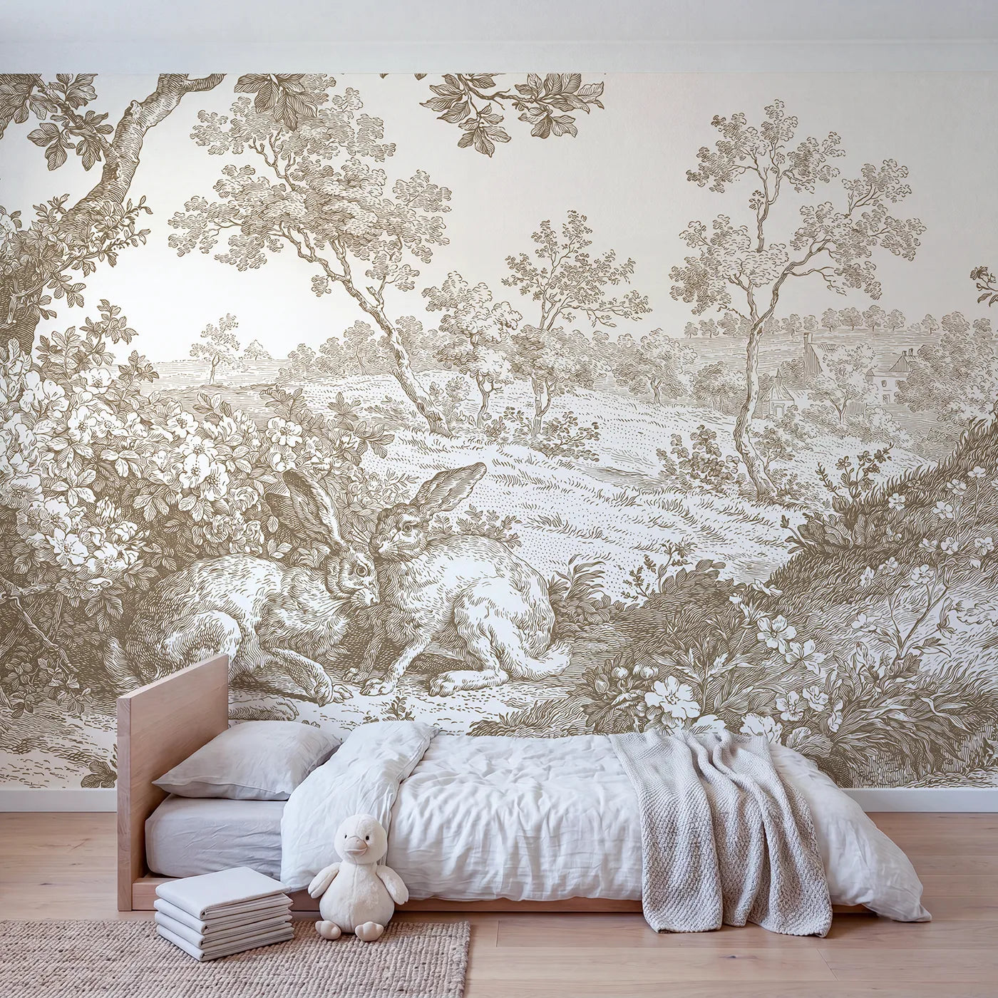 Hedgerow Hare Pair Wallpaper Mural in Brown in playroom setting by Whimsy Tots