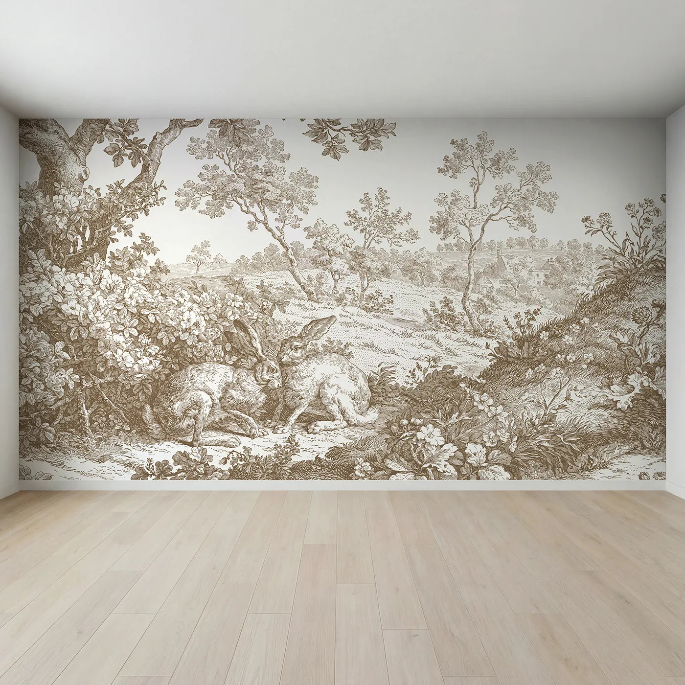 Full view of Hedgerow Hare Pair Wallpaper Mural in Brown by Whimsy Tots