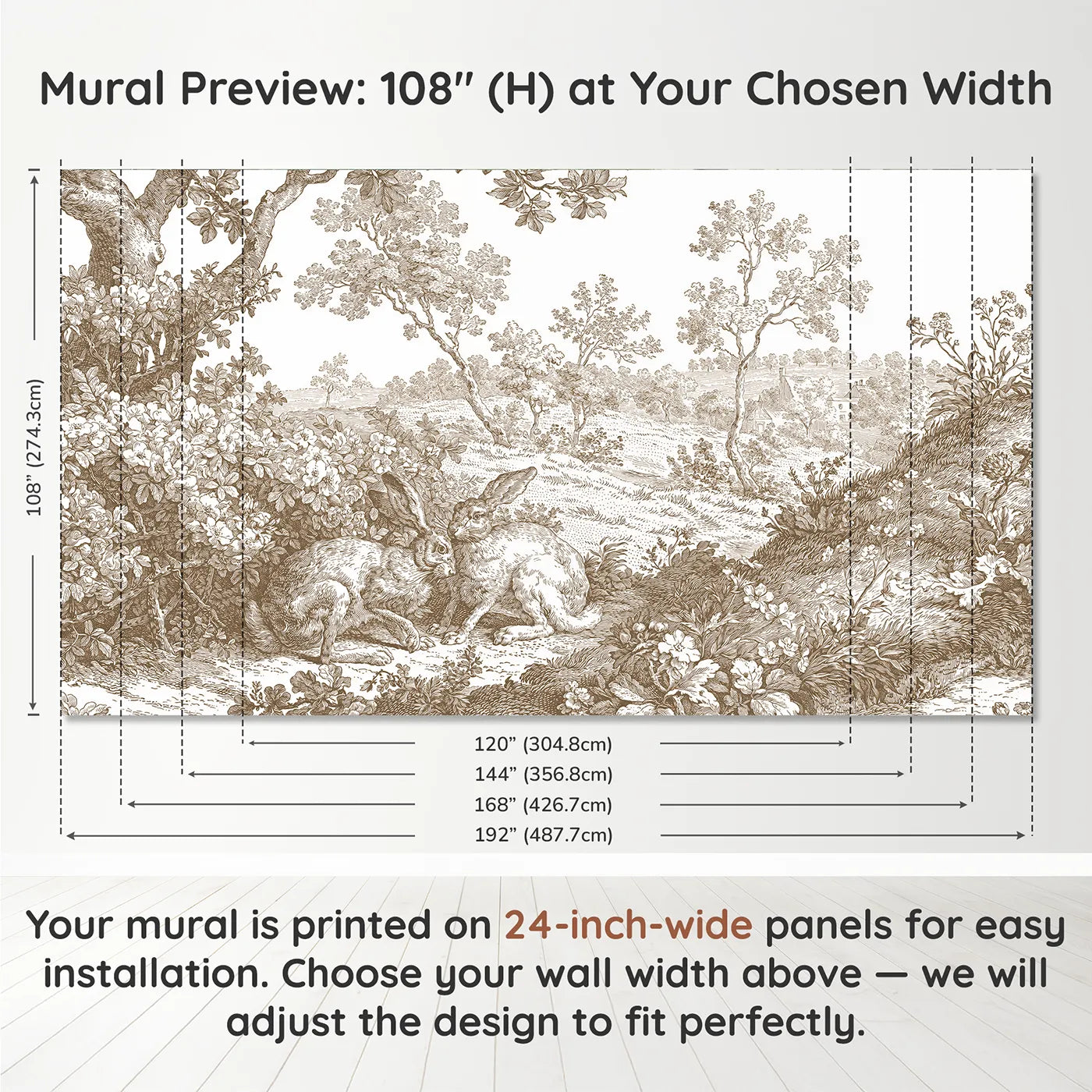 Panel layout and dimensions for Hedgerow Hare Pair Wallpaper Mural in Brown by Whimsy Tots