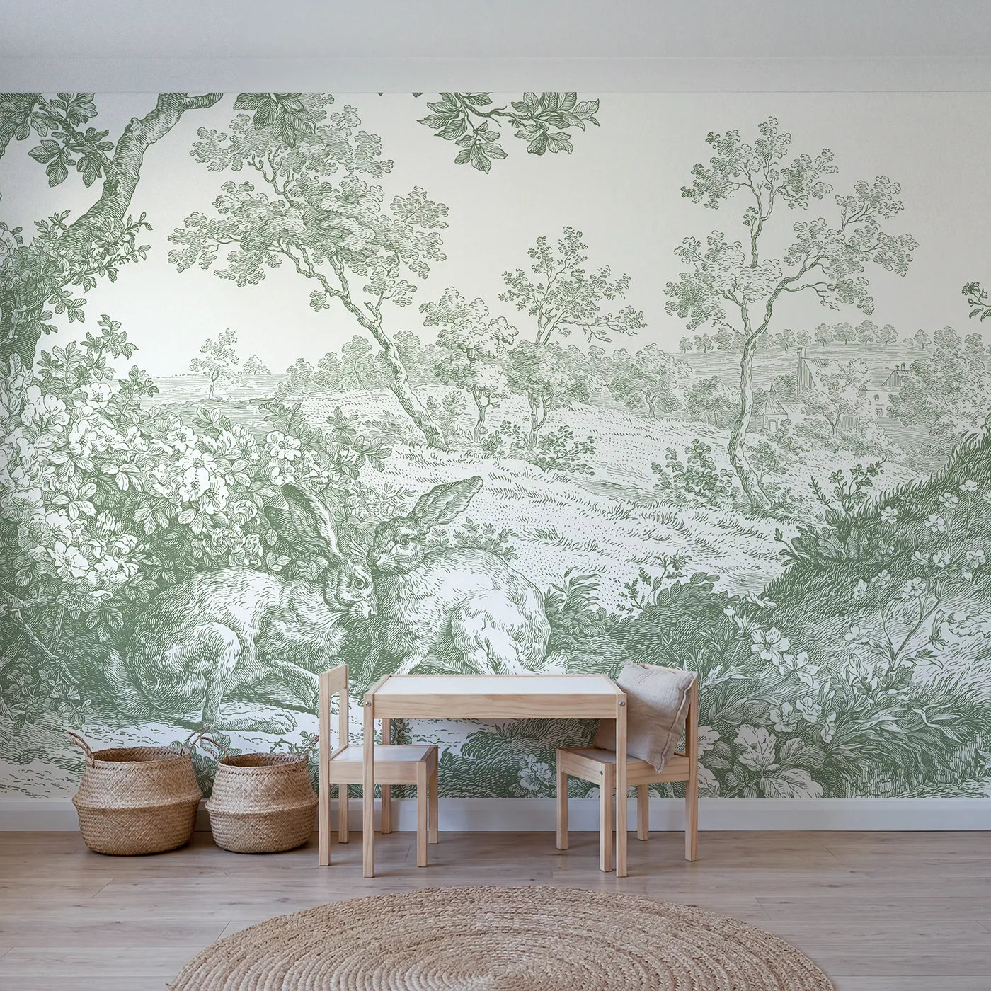 Toile wall mural of hares by a hedgerow in green ink by Whimsy Tots