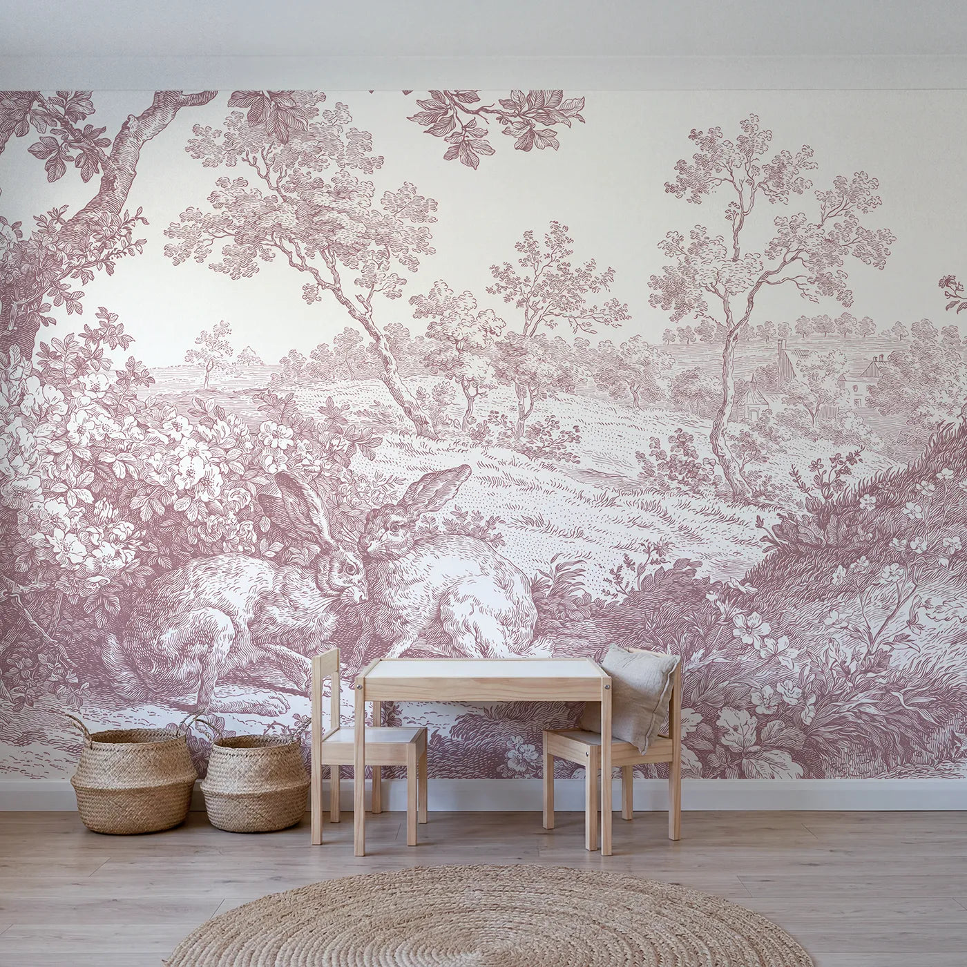 Toile wall mural of hares by a hedgerow in pink ink by Whimsy Tots