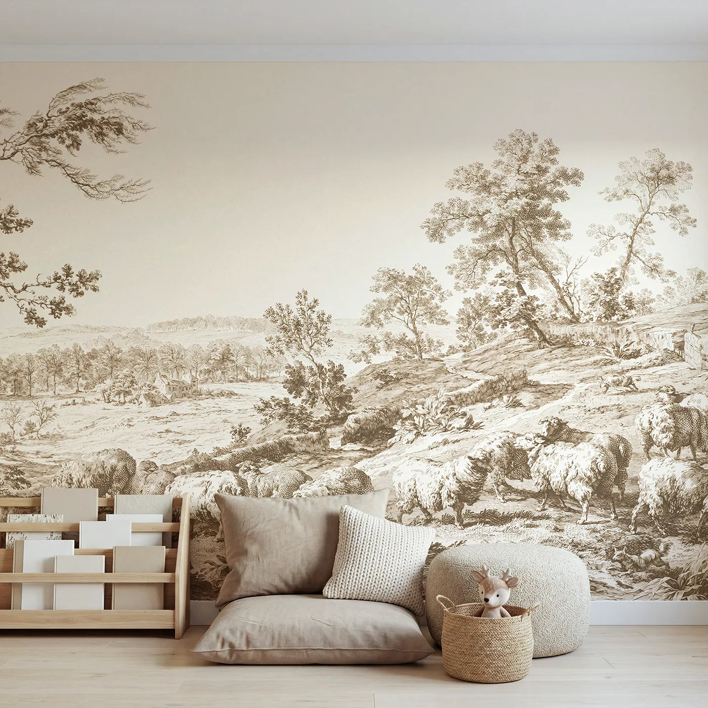 Toile wall mural of sheep grazing a hillside in brown ink by Whimsy Tots