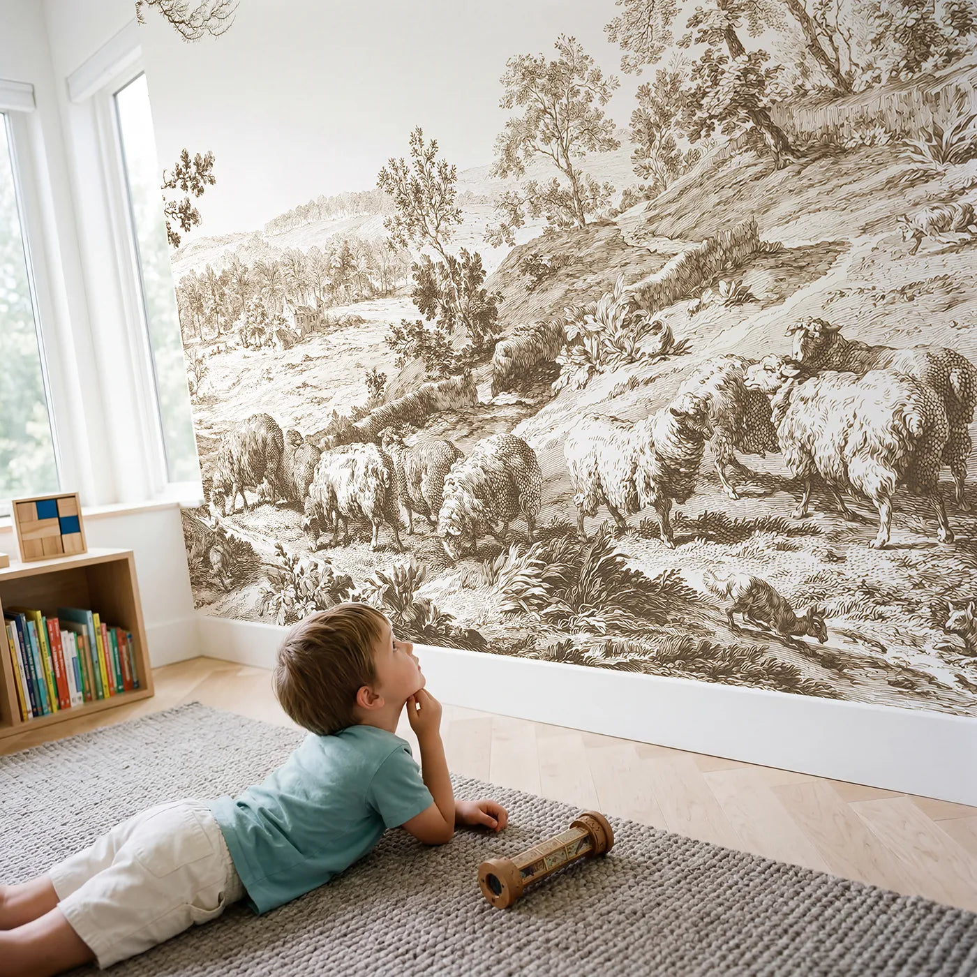 Child in nursery with Grazing Sheep Hillside Wallpaper Mural in Brown by Whimsy Tots