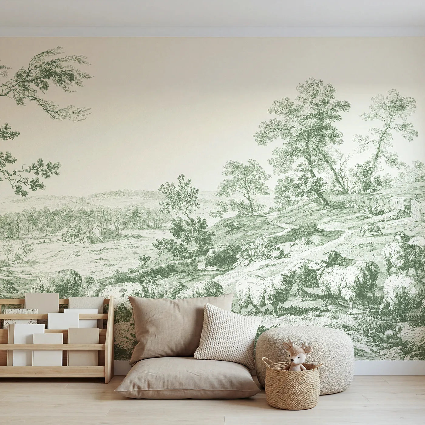 Toile wall mural of sheep grazing a hillside in green ink by Whimsy Tots