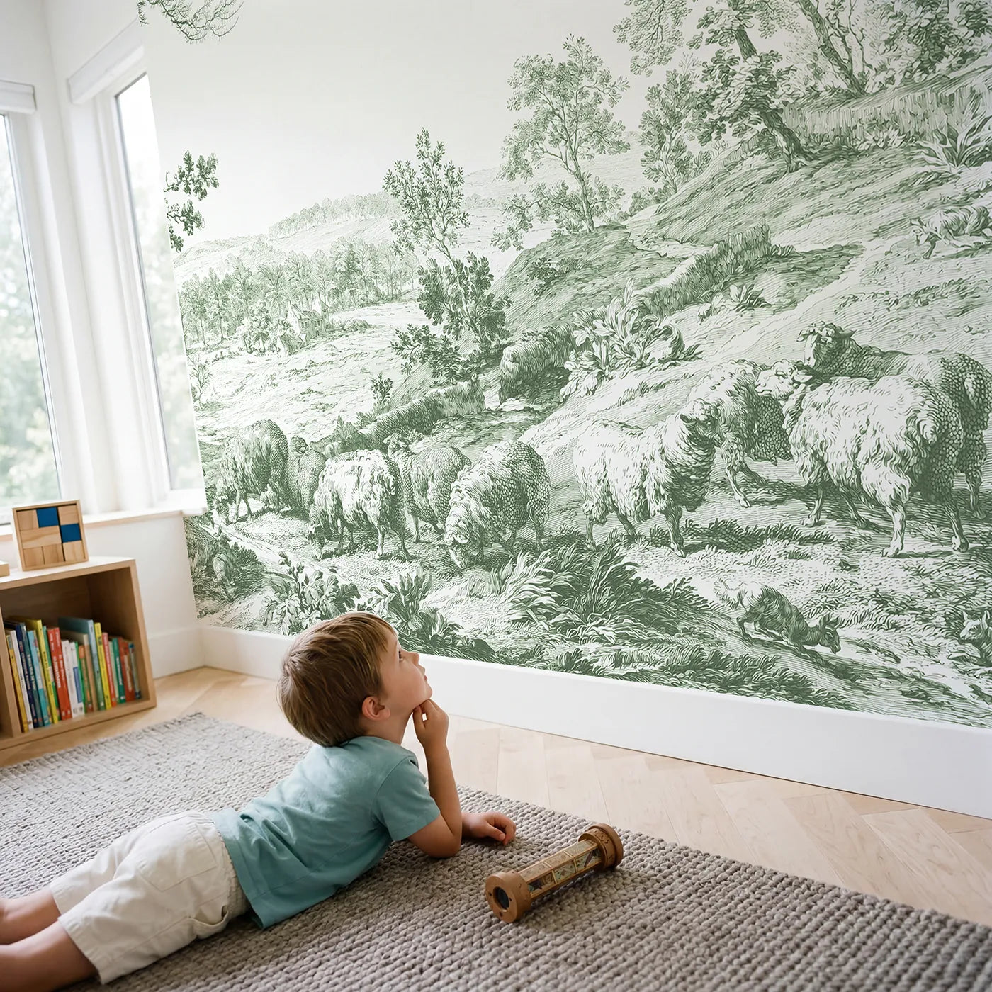 Child in nursery with Grazing Sheep Hillside Wallpaper Mural in Green by Whimsy Tots