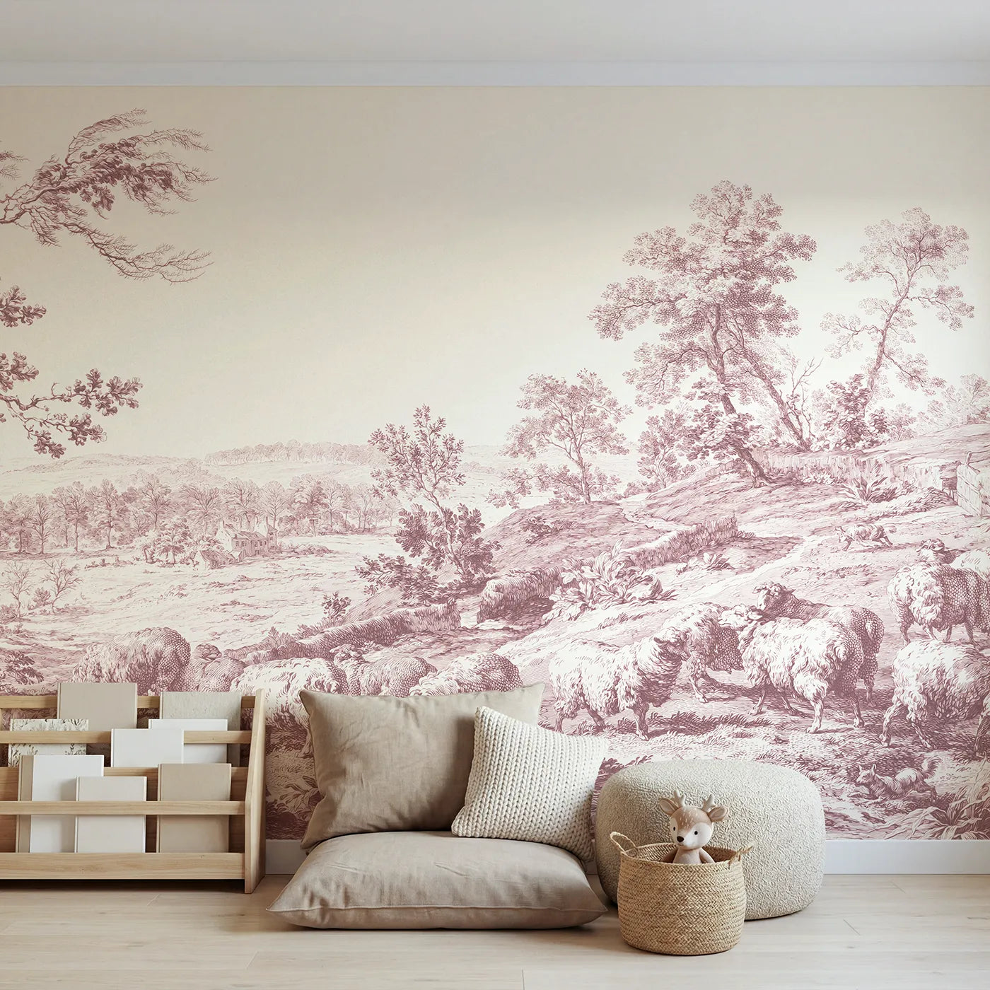 Toile wall mural of sheep grazing a hillside in pink ink by Whimsy Tots