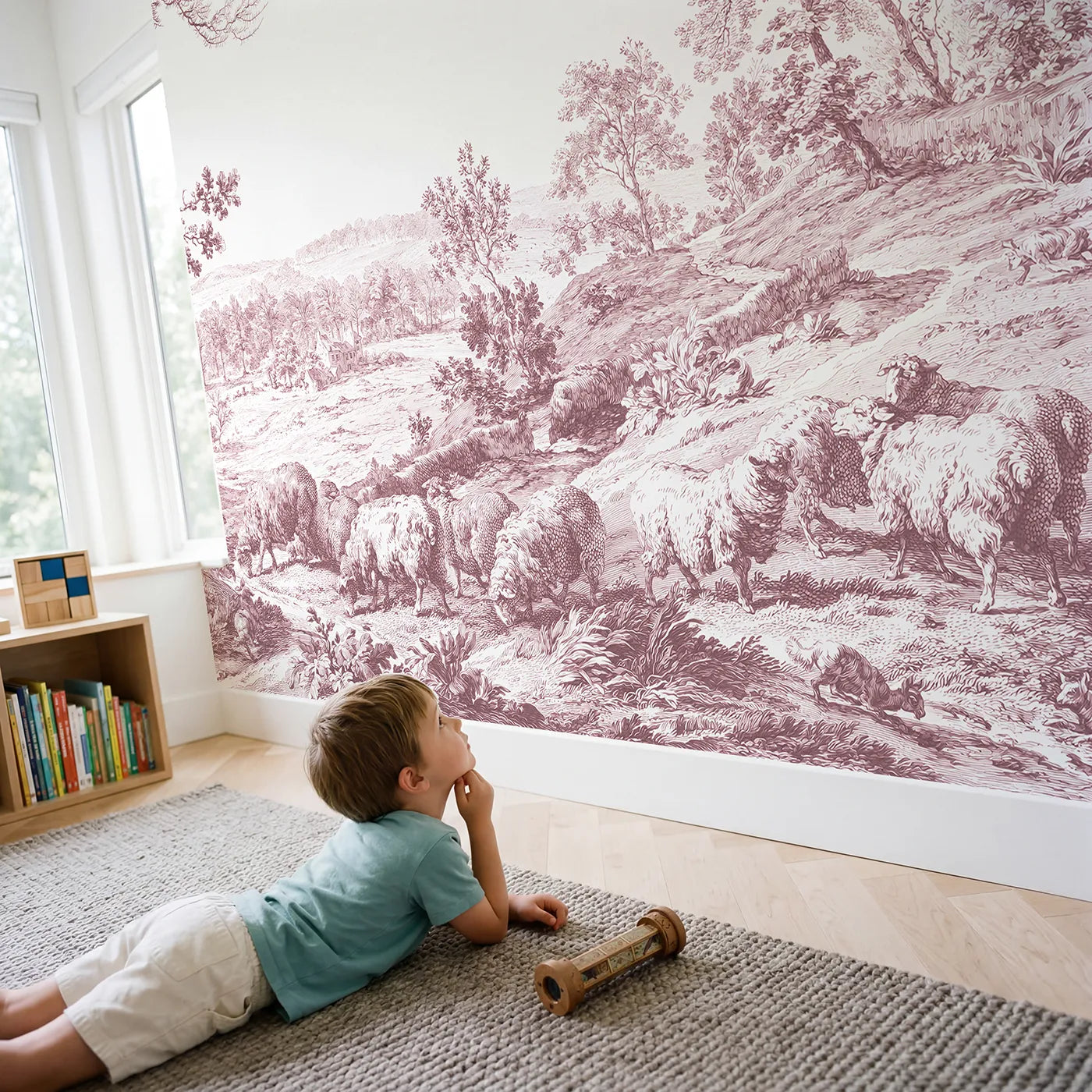 Child in nursery with Grazing Sheep Hillside Wallpaper Mural in Pink by Whimsy Tots
